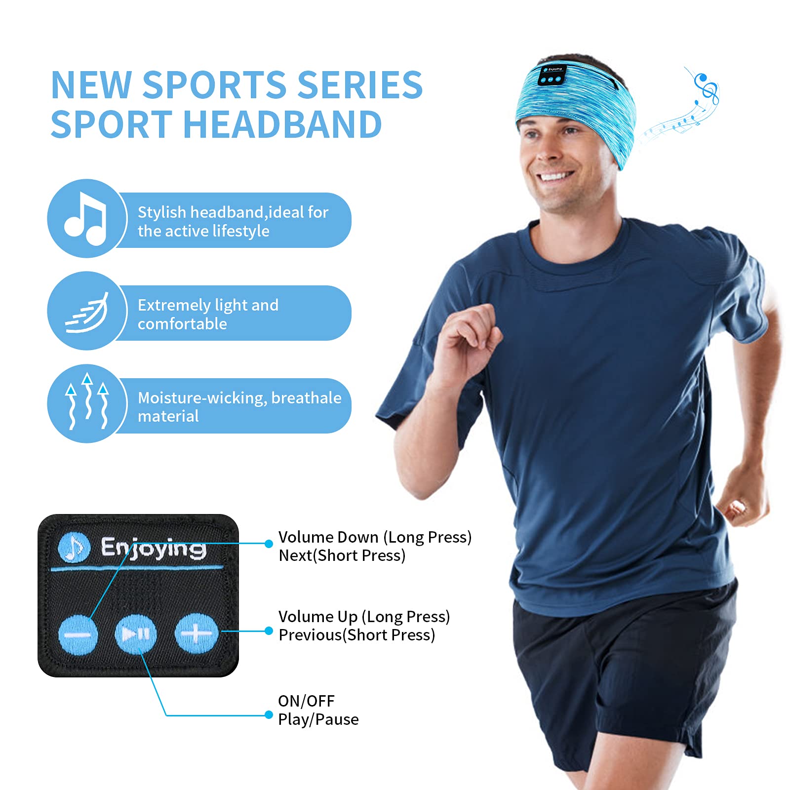 Wireless Sleep Headphones Headband with Zip Pocket - Ultra-Thin HD Stereo Speakers for Side Sleepers | Bluetooth Sports Headphones for Running, Yoga, Meditation & Relaxation (Blue) - Perfect for Nighttime Comfort & Workout Sessions