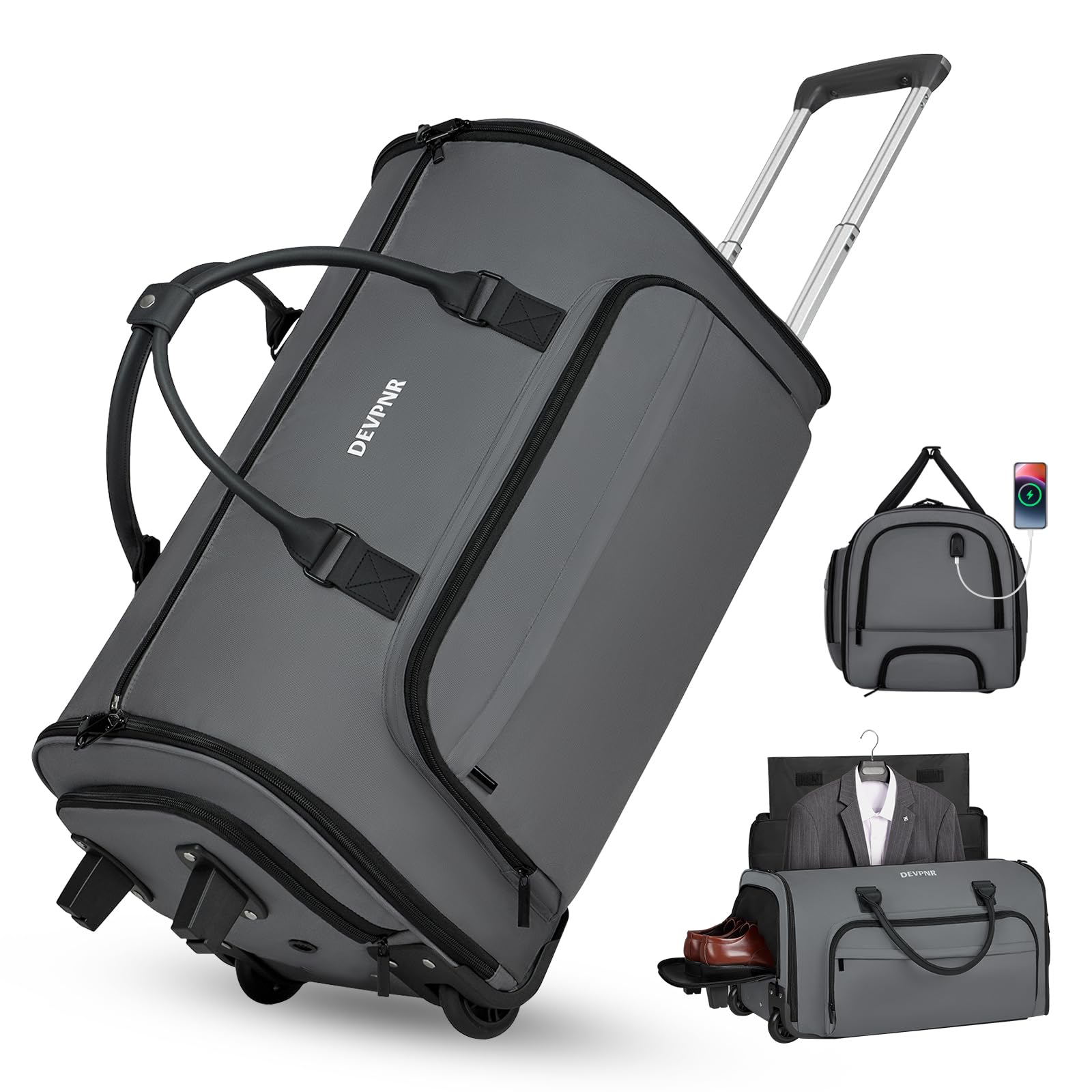 59L Rolling Garment Bag for Travel - Convertible 3-in-1 Carry On Duffle with Wheels & Shoe Compartment (Gray) | Perfect for Business Trips, Weddings & Airplane Carry-On Luggage