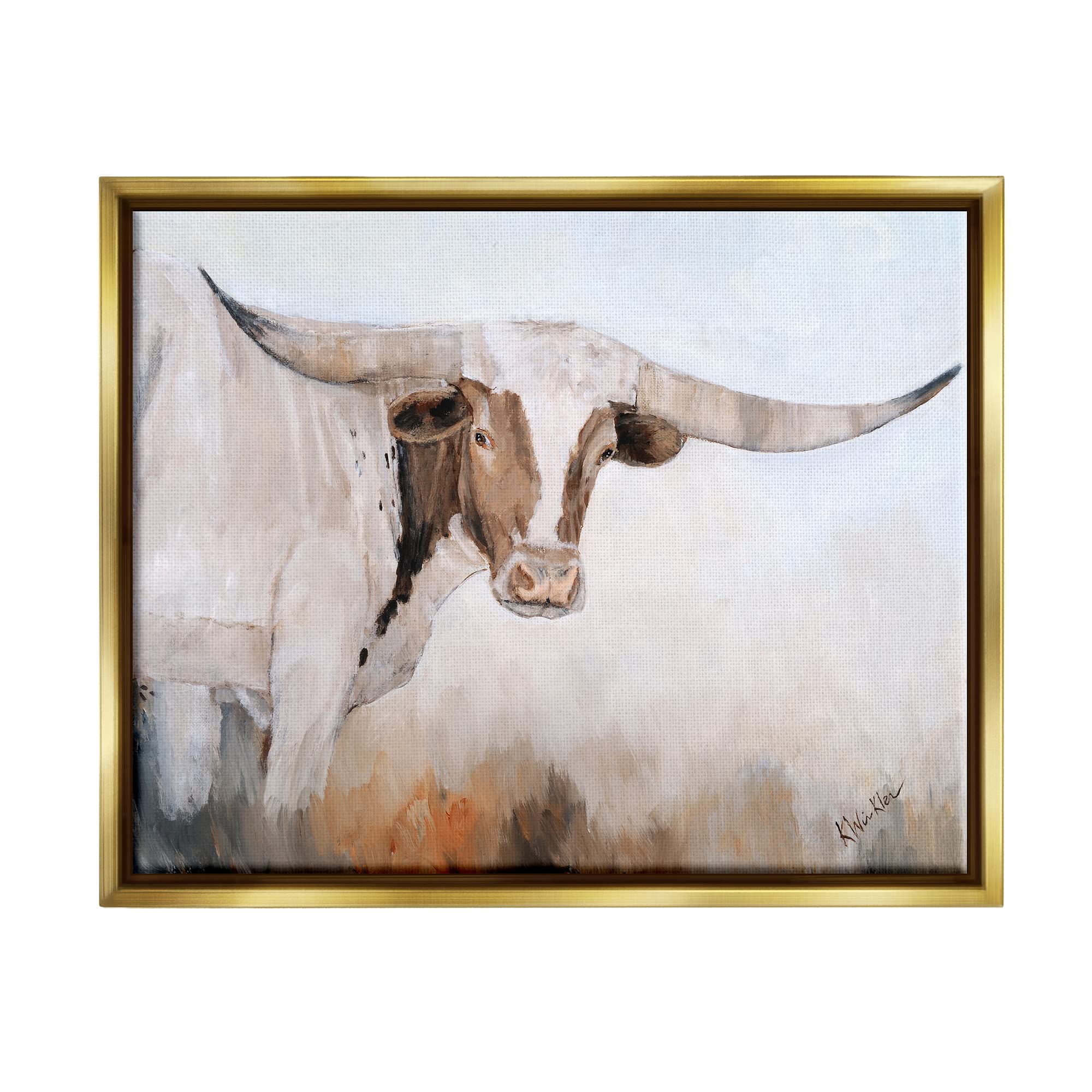 Stupell Industries Framed Floater Canvas Wall Art - Farmhouse Longhorn Cattle Painting by Kathy Winkler | Western Home Decor for Living Room, Bedroom & Office