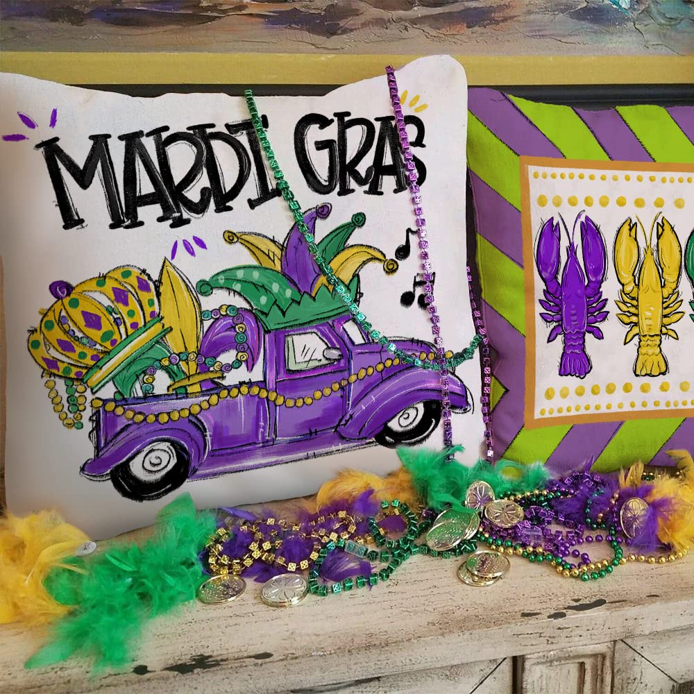GEEORY Mardi Gras Pillow Covers 18x18 Inch Set of 4 - Decorative Throw Pillow Cases with Beads, Fleur De Lis & Gnome Designs for Home Decor, Sofa, Bed, Party - Happy Mardi Gras Celebration Accessories