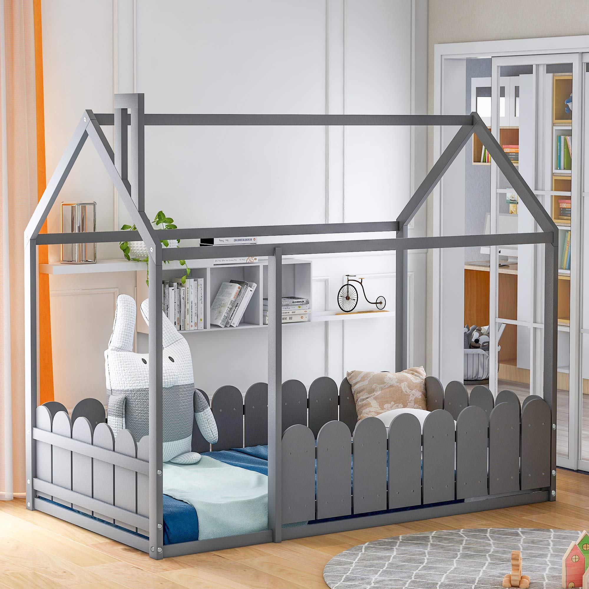Wooden Twin House Bed Frame with Roof & Fence Guardrails for Toddlers, Kids, Boys & Girls - Easy Assembly, Grey (Box Spring Needed) | Perfect for Kids' Bedrooms, Playrooms & Themed Nursery Decor