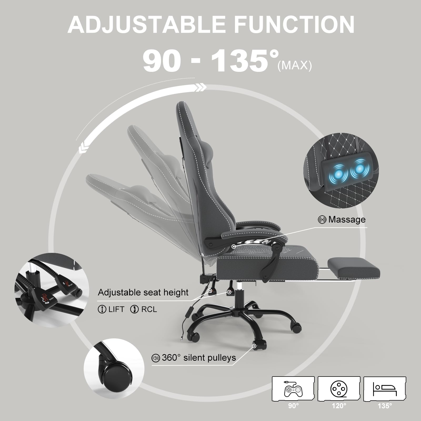 Devoko Ergonomic Gaming Chair with Lumbar Support & Footrest - 360° Swivel, 150kg Weight Capacity, Dark Gray - Perfect for PC Gaming, Office Work & Home Use