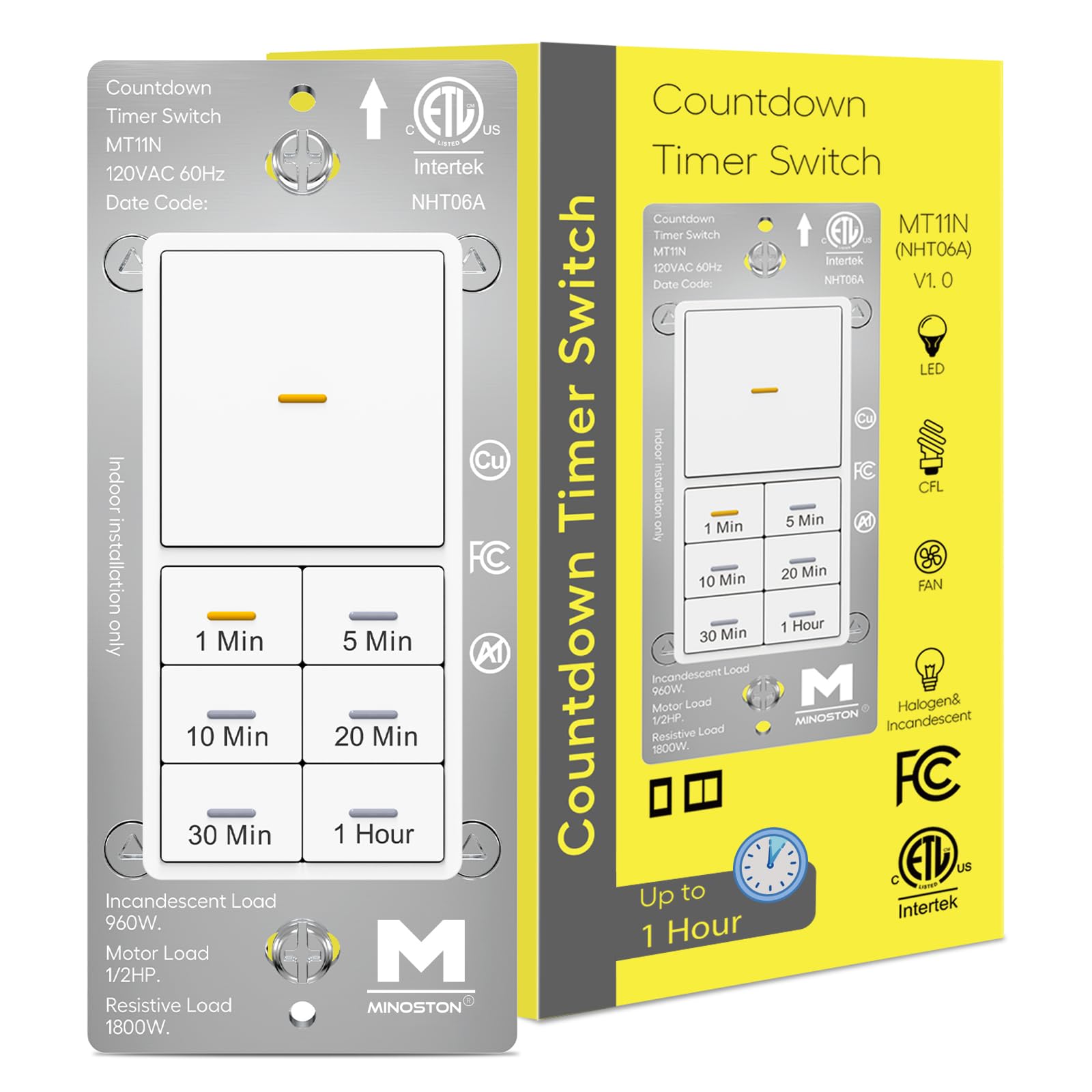 Minoston 1 Hour Countdown Timer Switch with 1-5-10-20-30-60 Minute Settings - ETL & FCC Certified 120VAC 60Hz White Wall Timer (MT11N) - Perfect for Bathroom Fans, Heaters, Lights & Home Automation - Neutral Wire Required