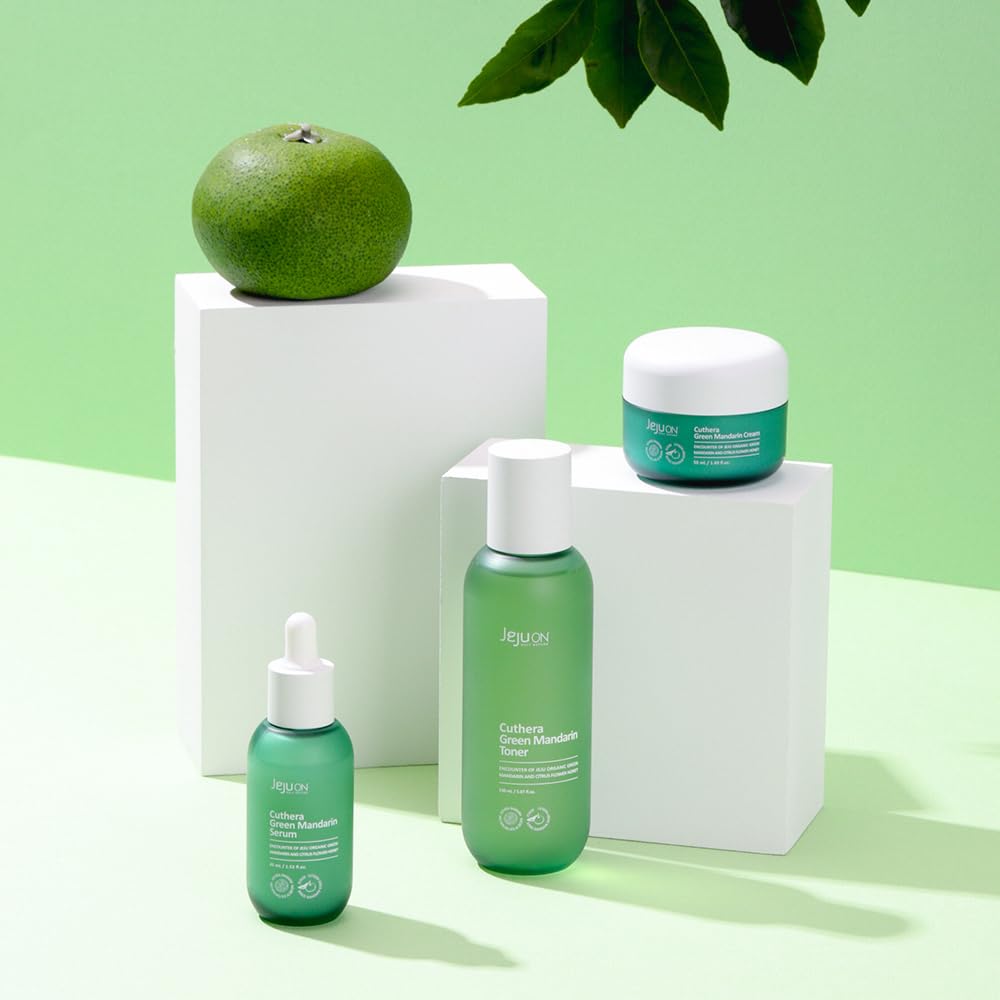 Cuthera Green Mandarin 3-Piece Korean Skincare Set - Essence Toner, Serum & Cream with Citrus Scent | Jeju Natural Vitamin-Rich Hydration, Pore Tightening & Skin Calming | Oil-Water Balance Care for Dry, Sensitive & Combination Skin | Daily Skincare Routine & Nighttime Moisturizing