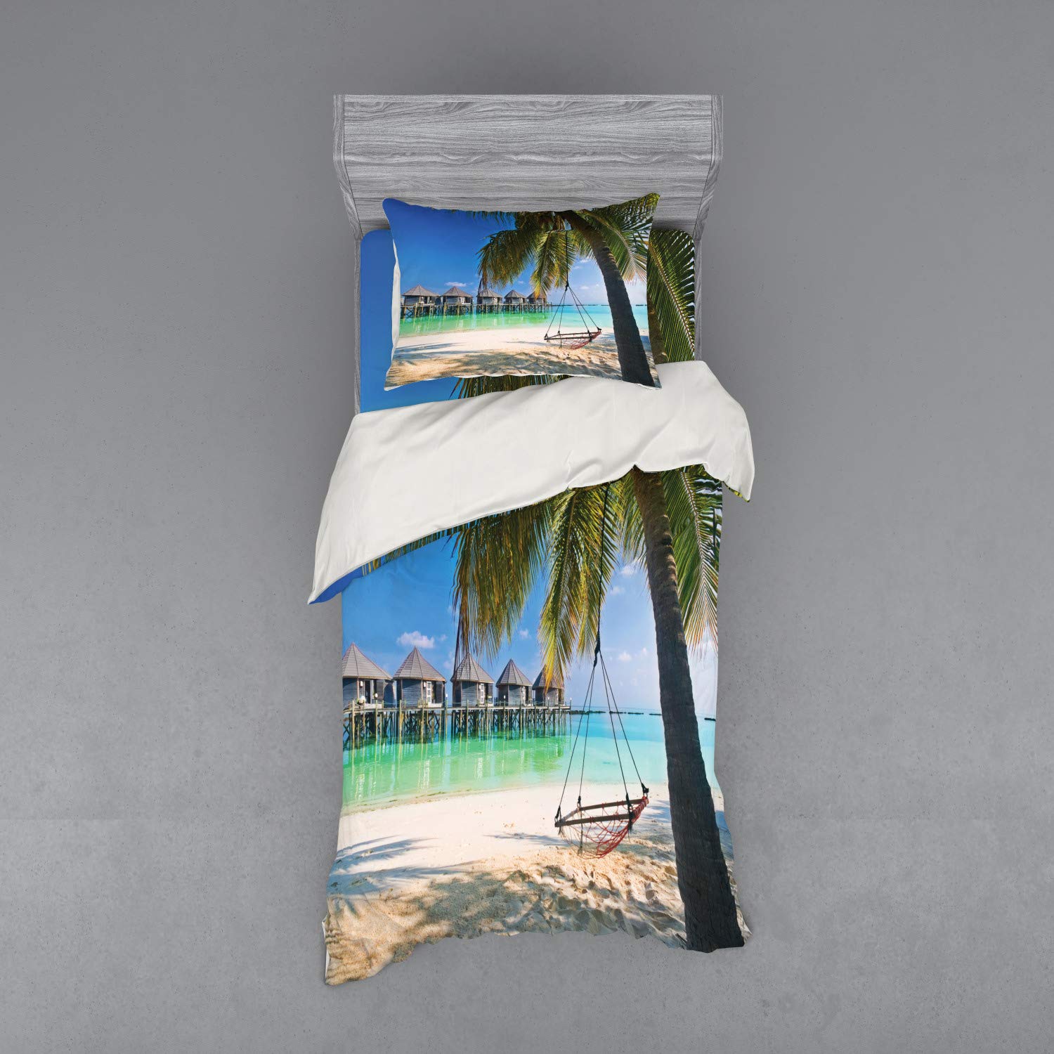 Ambesonne Beach Themed 3-Piece Duvet Cover Set - Tropical Palm Leaves & Caribbean Paradise Print, Twin XL Size with Sham & Fitted Sheet - Perfect for Summer Bedroom Decor, Beach House Styling, and Vacation Vibes