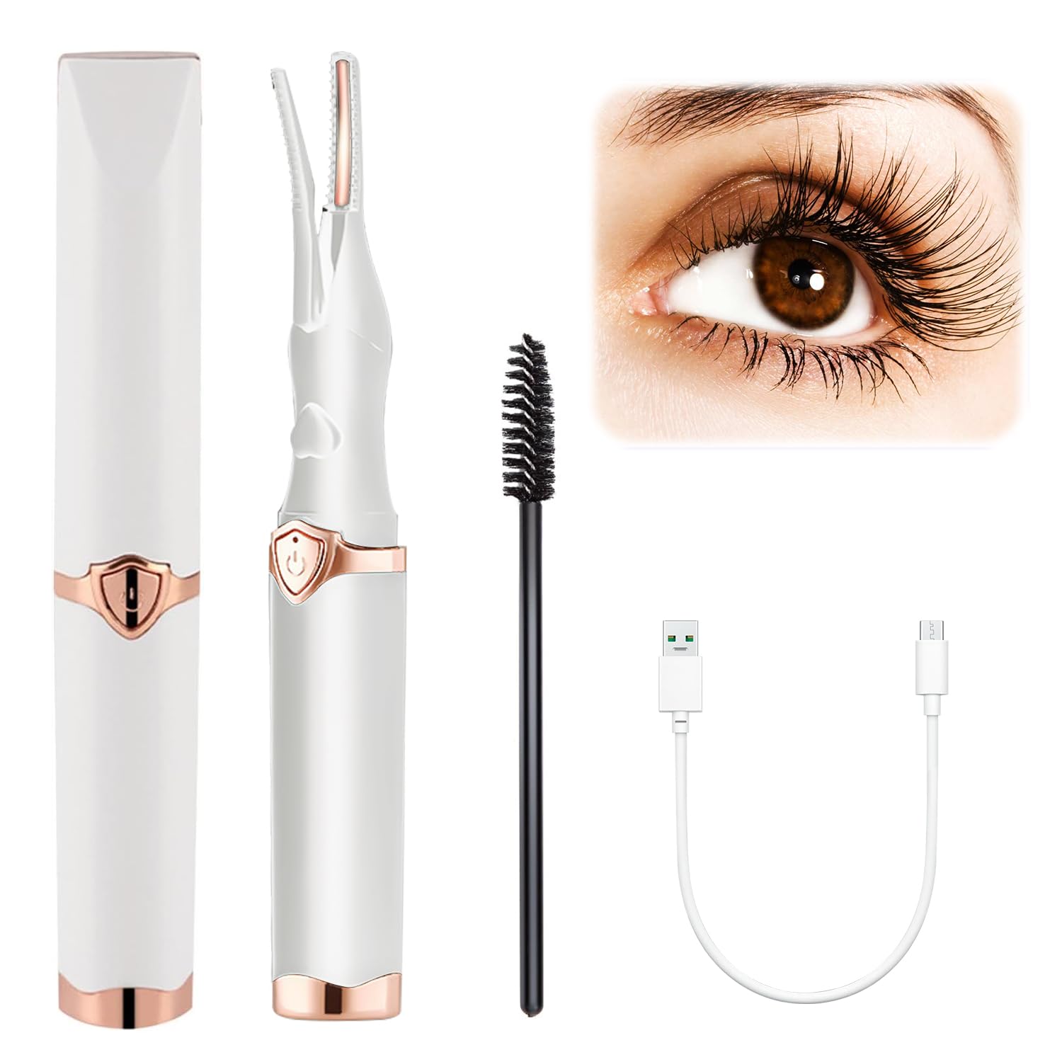 USB Rechargeable Heated Eyelash Curler - Mini Electric Lash Curling Tool for Women, Portable Travel-Friendly Makeup Accessory with Fast Heating Technology - Perfect for Home, Travel & Professional Makeup (White)