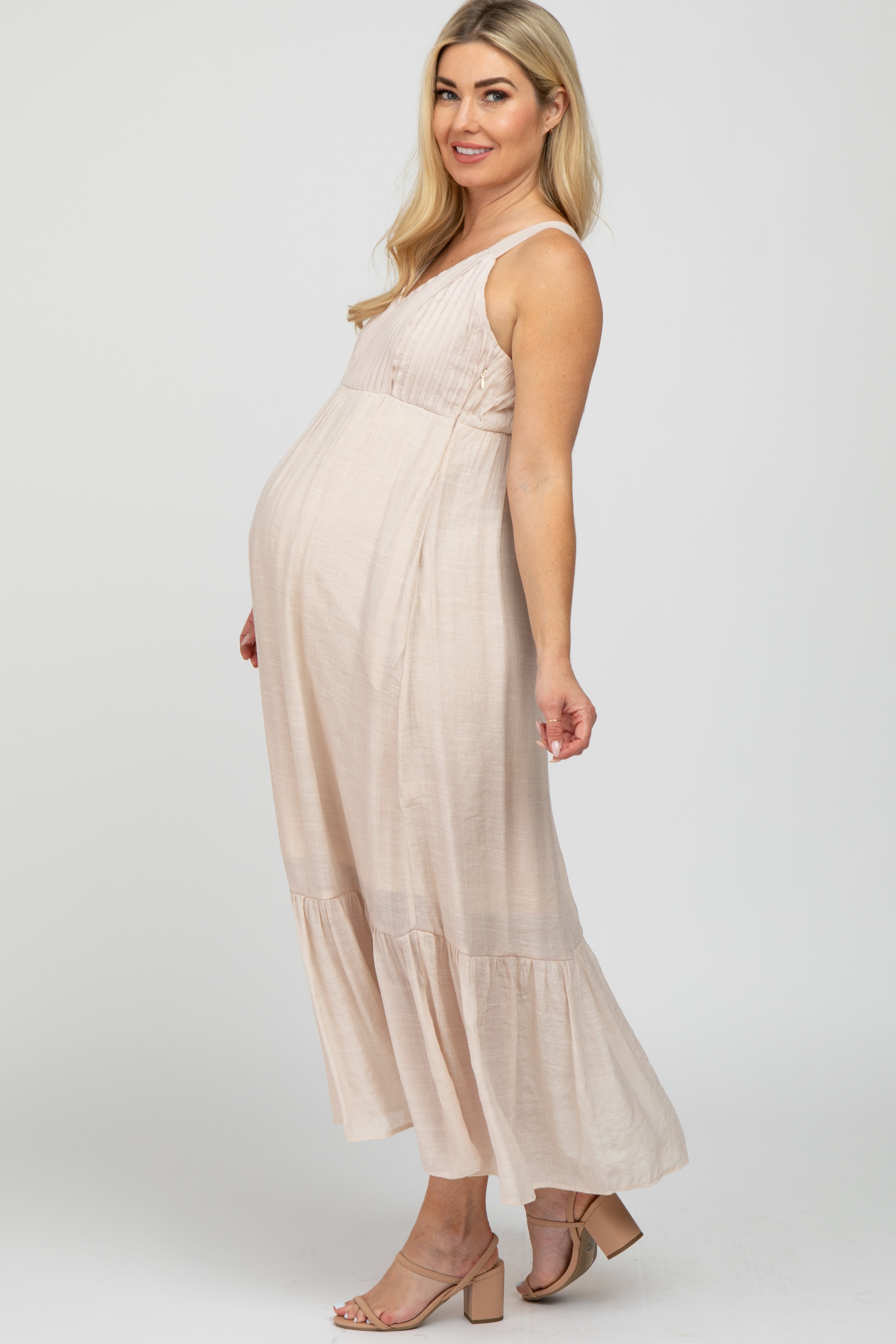 Beige Pintucked Maternity Maxi Dress for Women - Comfortable Pregnancy Dress for Baby Shower, Photoshoot & Special Occasions