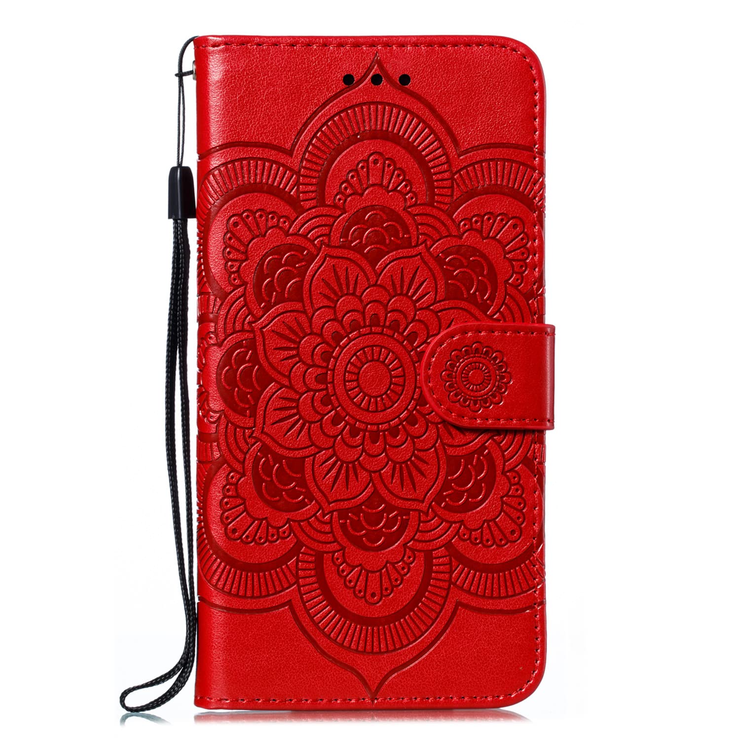 Premium Leather Mandala Flip Wallet Case for iPhone SE/7/8 (5G Compatible) - Magnetic Stand with Card Slots & Lanyard, Ultra Slim Embossed Cover (Red) - Perfect for Daily Commute, Travel & Hands-Free Viewing