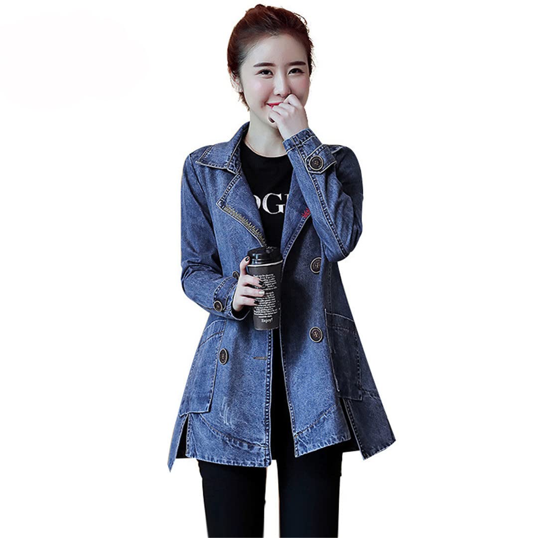Stylish Autumn Women's Denim Jacket - Double Breasted Long Jeans Coat with Turn Down Collar | Casual Outerwear, Bomber Jacket for Fall Fashion | Perfect for Daily Wear, Office Outfits & Weekend Outings
