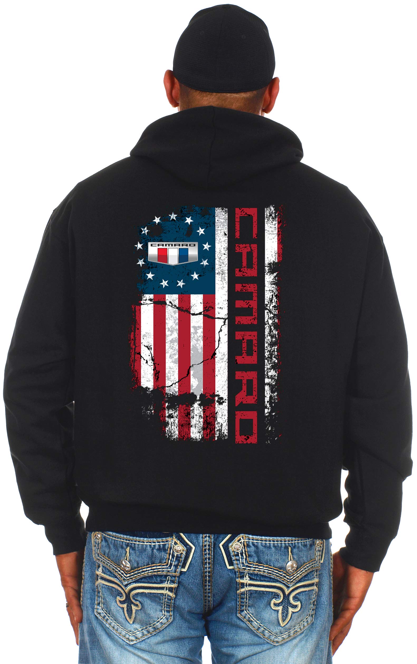 JH DESIGN GROUP Men's Chevy Camaro Hoodie - USA Flag Print 2-Sided Pullover Sweatshirt for Casual Wear & Car Enthusiasts