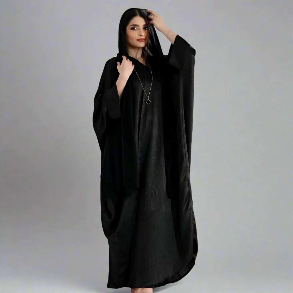 Elegant Satin Batwing Sleeve Farasha Cardigan Open Abaya Dress for Women - Perfect for Prayer, Evening Parties & Special Occasions
