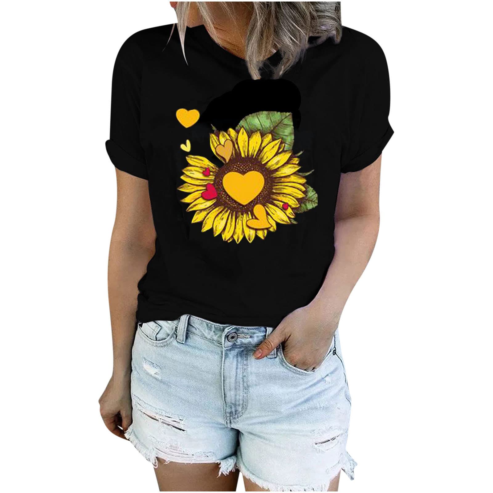 Trendy Rainbow & Sunflower Graphic Tee for Women - Soft Cotton Short Sleeve Crewneck T-Shirt - Casual Summer Comfort Top - Perfect for Beach Outings, Music Festivals & Everyday Wear