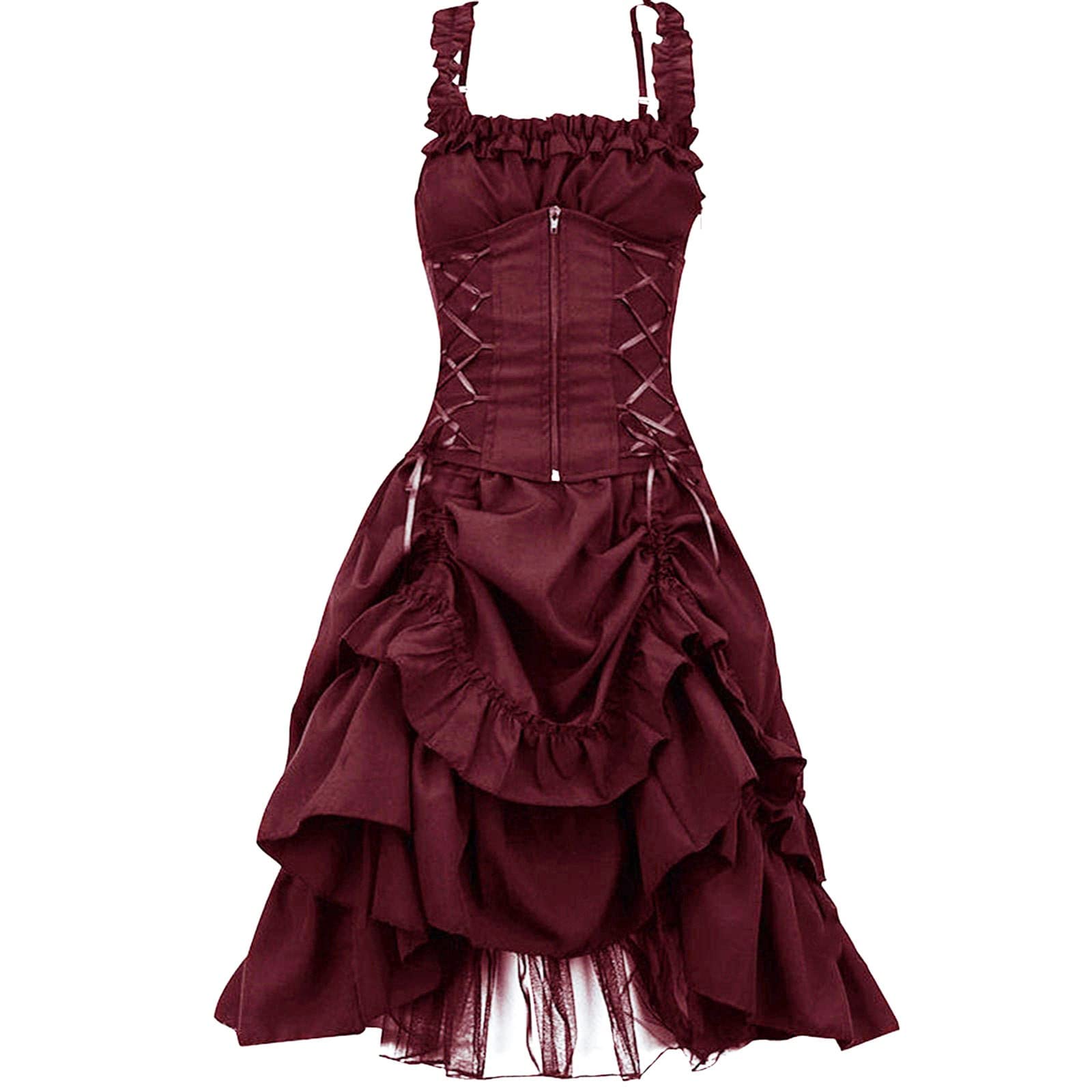 Gothic Victorian Steampunk Dress for Women - Square Neck Sleeveless Ruffle Halloween Costume | Masquerade Party, Cosplay, Gothic Fashion Outfit