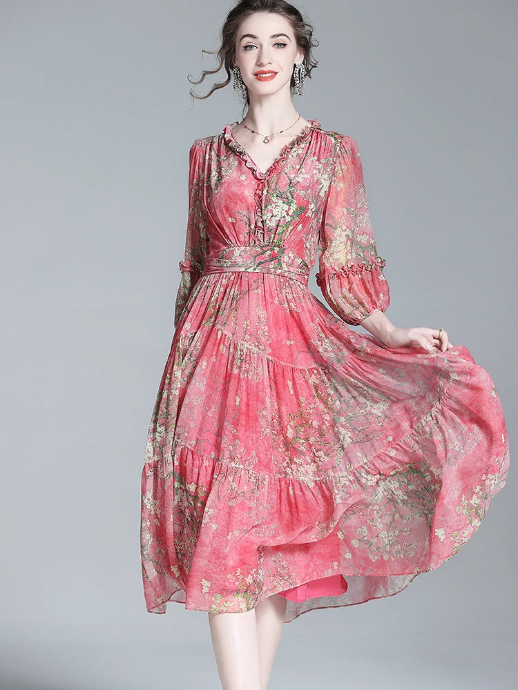 EVNISI Women's Boho Chiffon Summer Dress - V-Neck Floral Print A-Line Red Elegant Office Dress for Women | Perfect for Parties, Weddings & Summer Outings