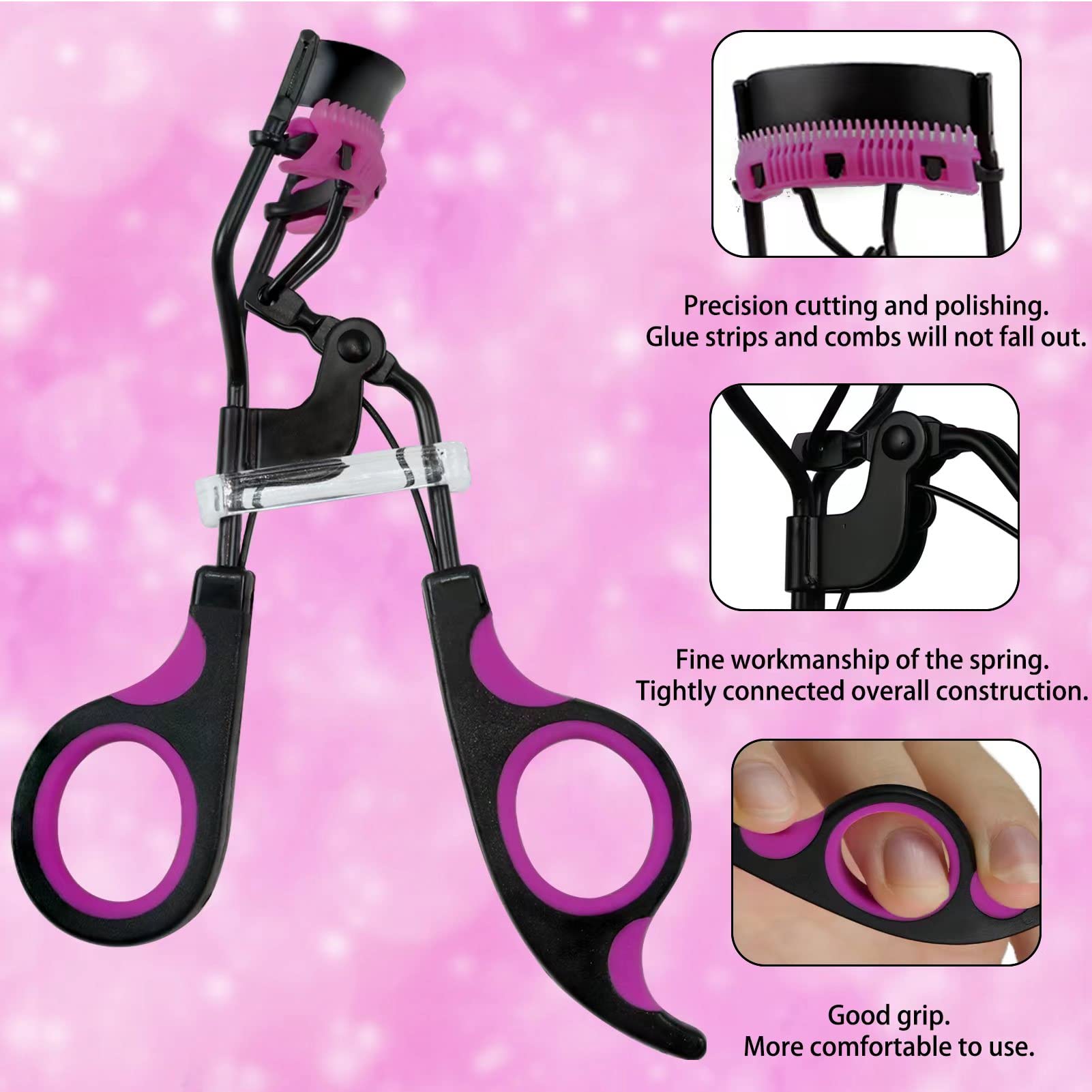 IMMER LIEBEN Eyelash Curler with Comb - Black & Purple Lash Curling Tool with 5 Replacement Pads & 3 Combs - 10 Second Lift for Long, Curled Lashes - Perfect for Daily Makeup & Special Occasions