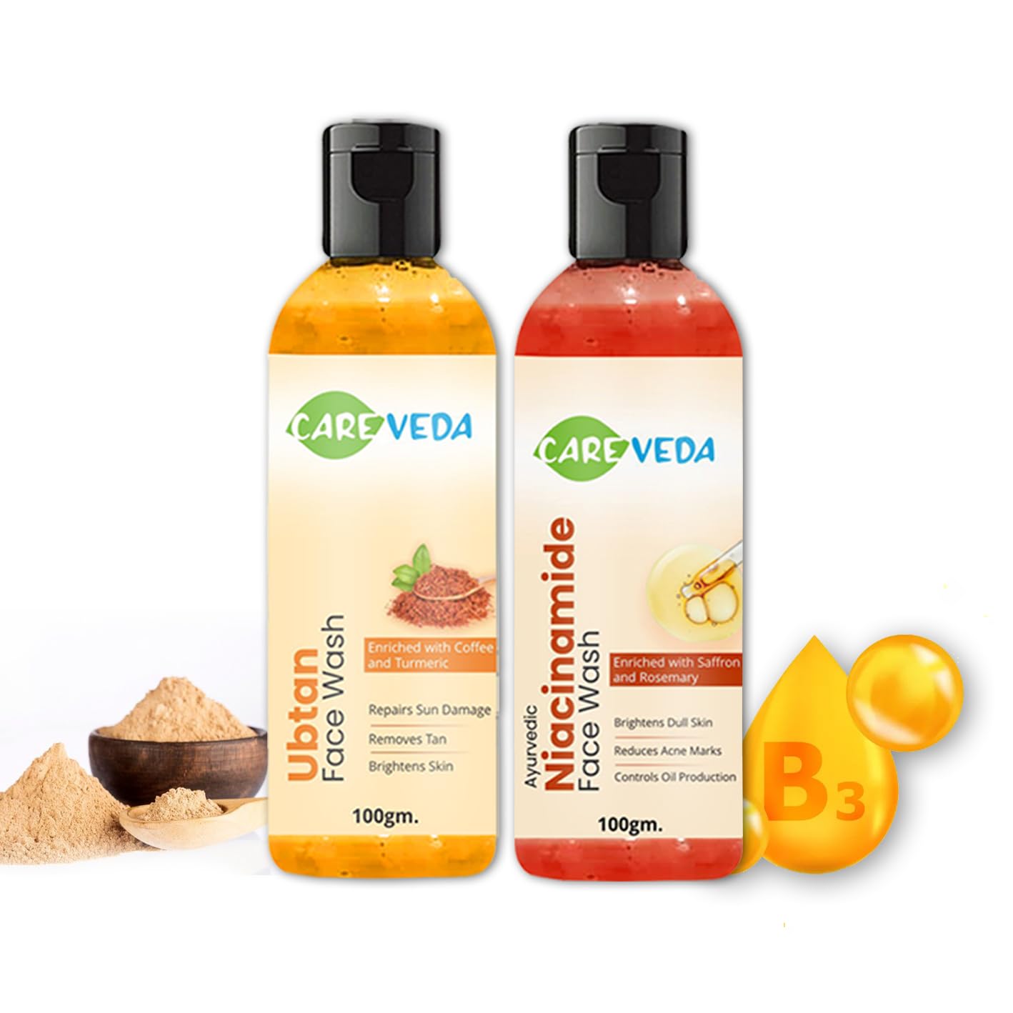 CareVeda Ubtan Face Wash & Niacinamide Face Wash Combo Set of 2 - Brightening & Exfoliating Facial Cleanser for Glowing Skin - Perfect for Daily Skincare Routine & Acne-Prone Skin