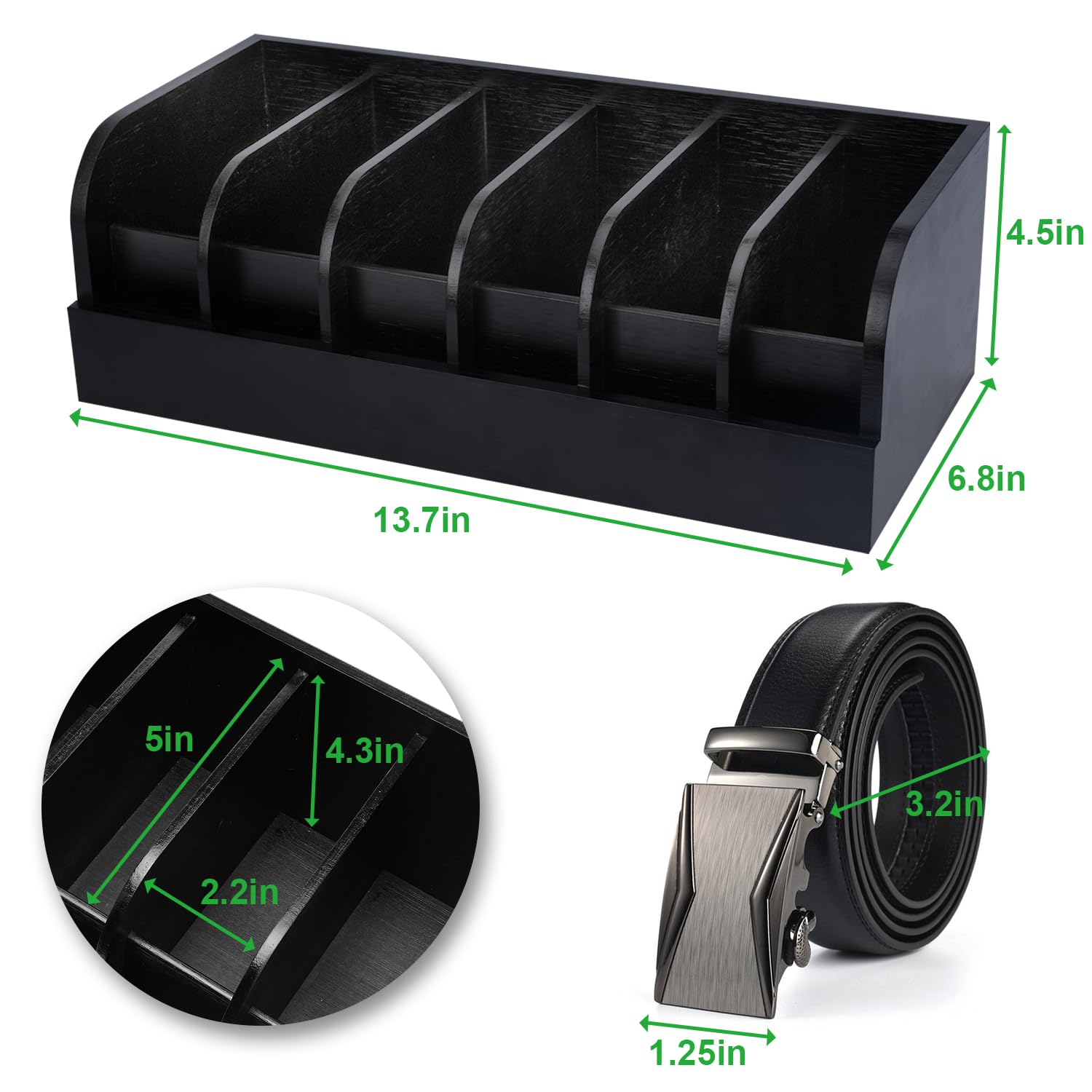 GTI Belt Organizer - 2 Pack 6-Compartment Bamboo Belt & Tie Storage Case for Closet & Drawer - Men's & Women's Belt Holder Organizer (Black) - Perfect for Home, Office & Travel Organization