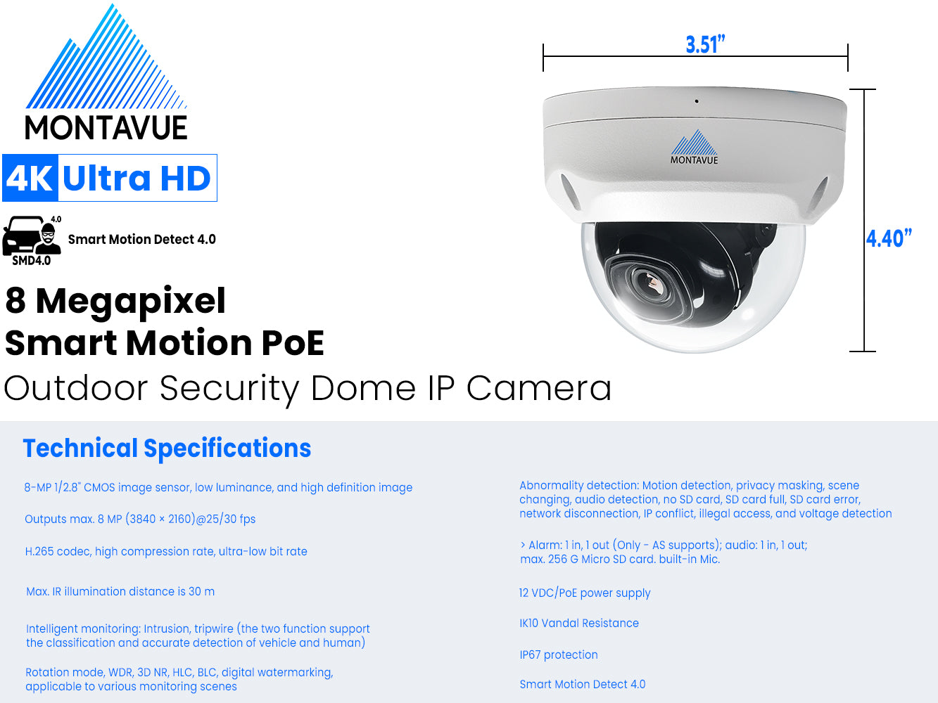 MTD8108 X Package - 8MP 4K SMD 4.0 Dome Security Camera System with 8 Channel NVR & 2TB HDD - Ideal for Home, Business, and Office Surveillance (Indoor/Outdoor Use)