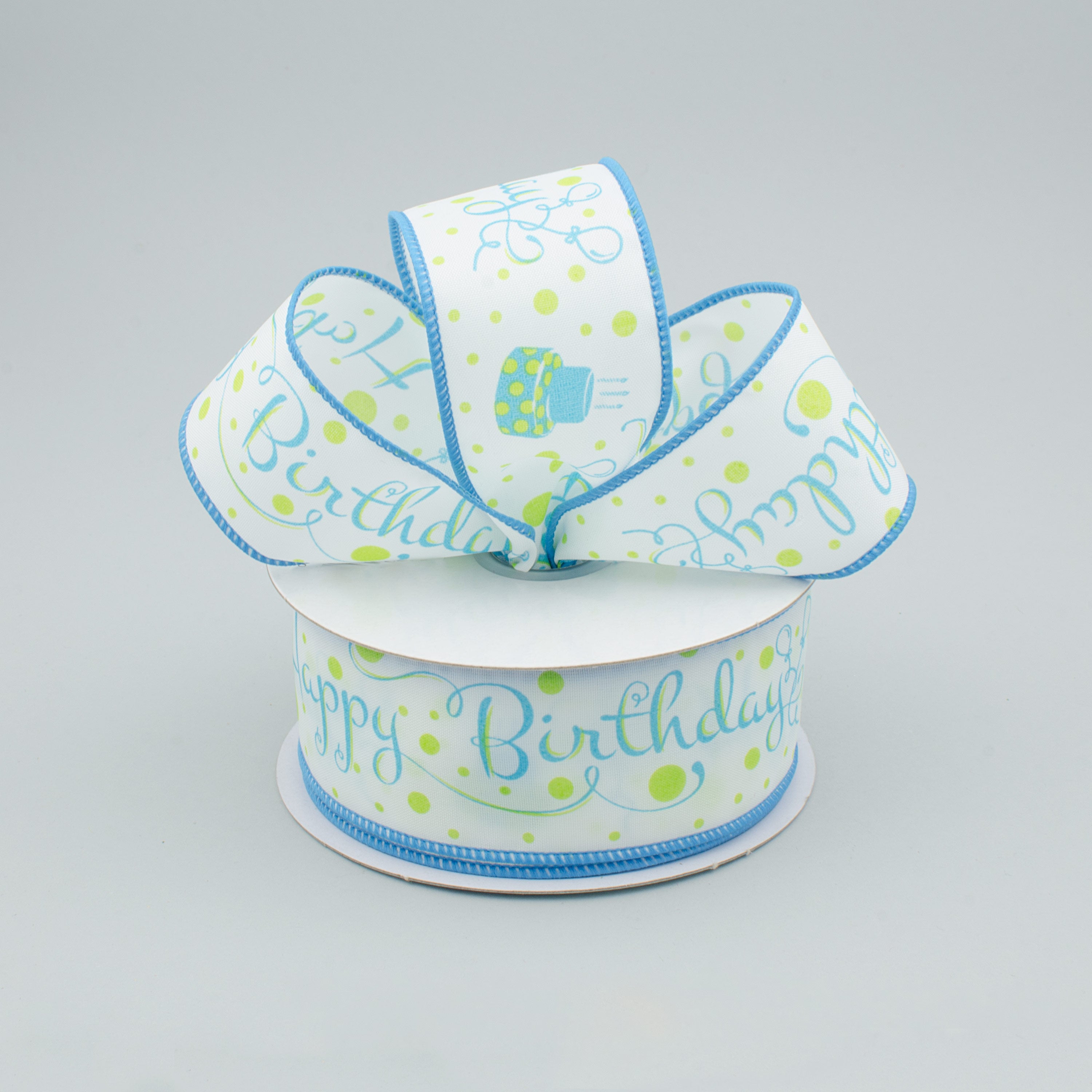1.5 Inch Happy Birthday Ribbon - 10 Yards White, Lime & Turquoise Party Decoration Ribbon for Gift Wrapping, Balloon Decor, Cake Toppers and DIY Crafts