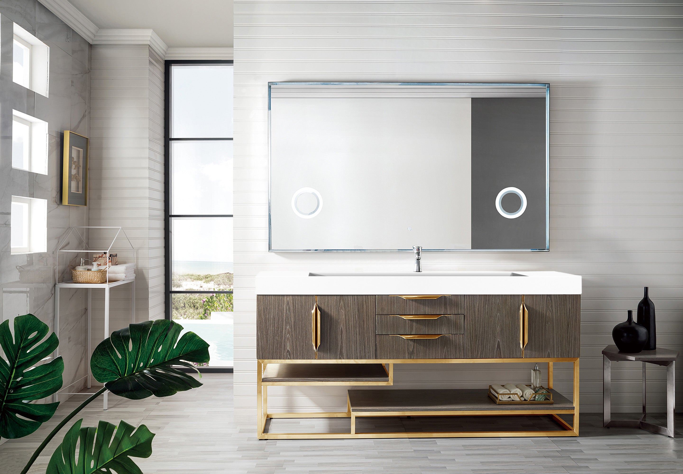 Columbia 72 Inch Single Bathroom Vanity in Ash Gray with Radiant Gold Accents & Glossy White Composite Top – Perfect for Modern Master Bathrooms & Guest Suites