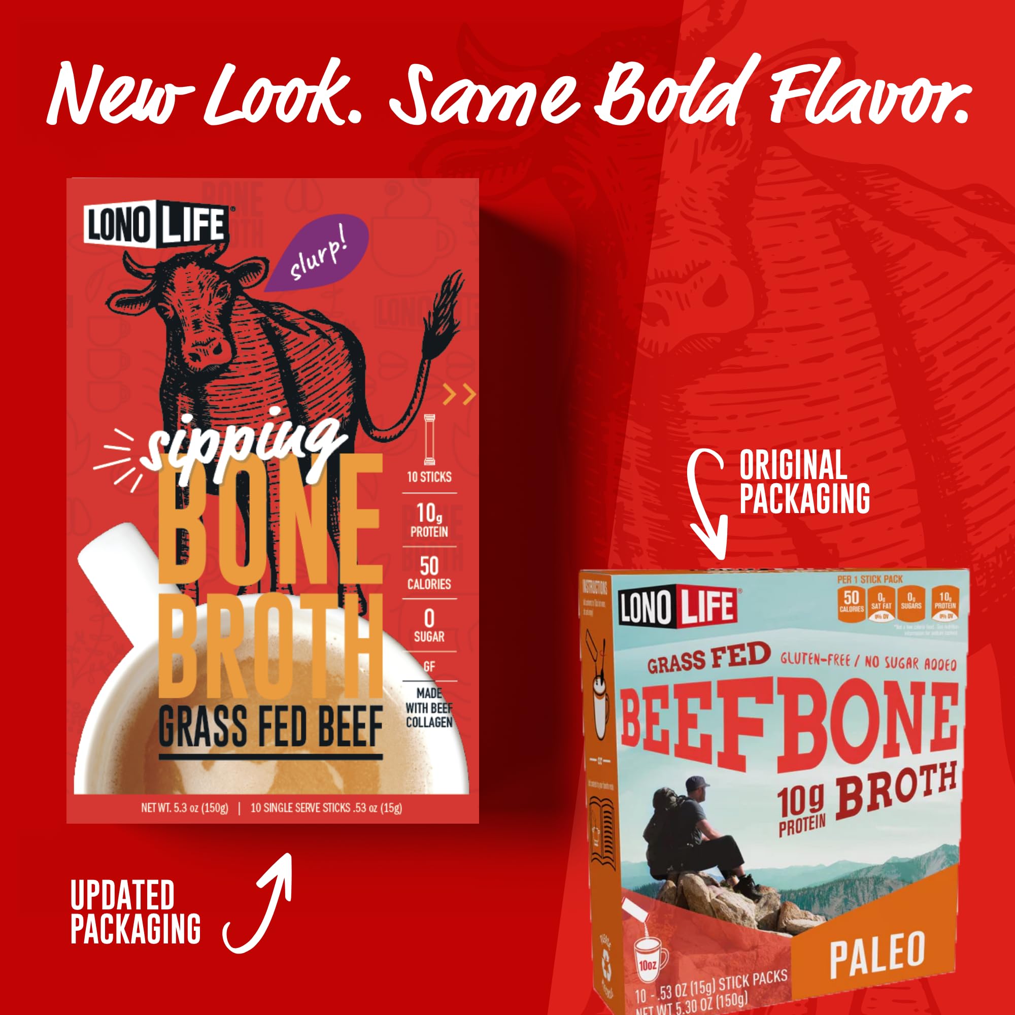 LonoLife Grass-Fed Beef Bone Broth Powder - 10g Protein per Serving | Collagen Rich Keto & Paleo Friendly Supplement | Natural Ingredients | 10 Single-Serve Stick Packs | Ideal for Travel, Camping & Post-Workout Recovery