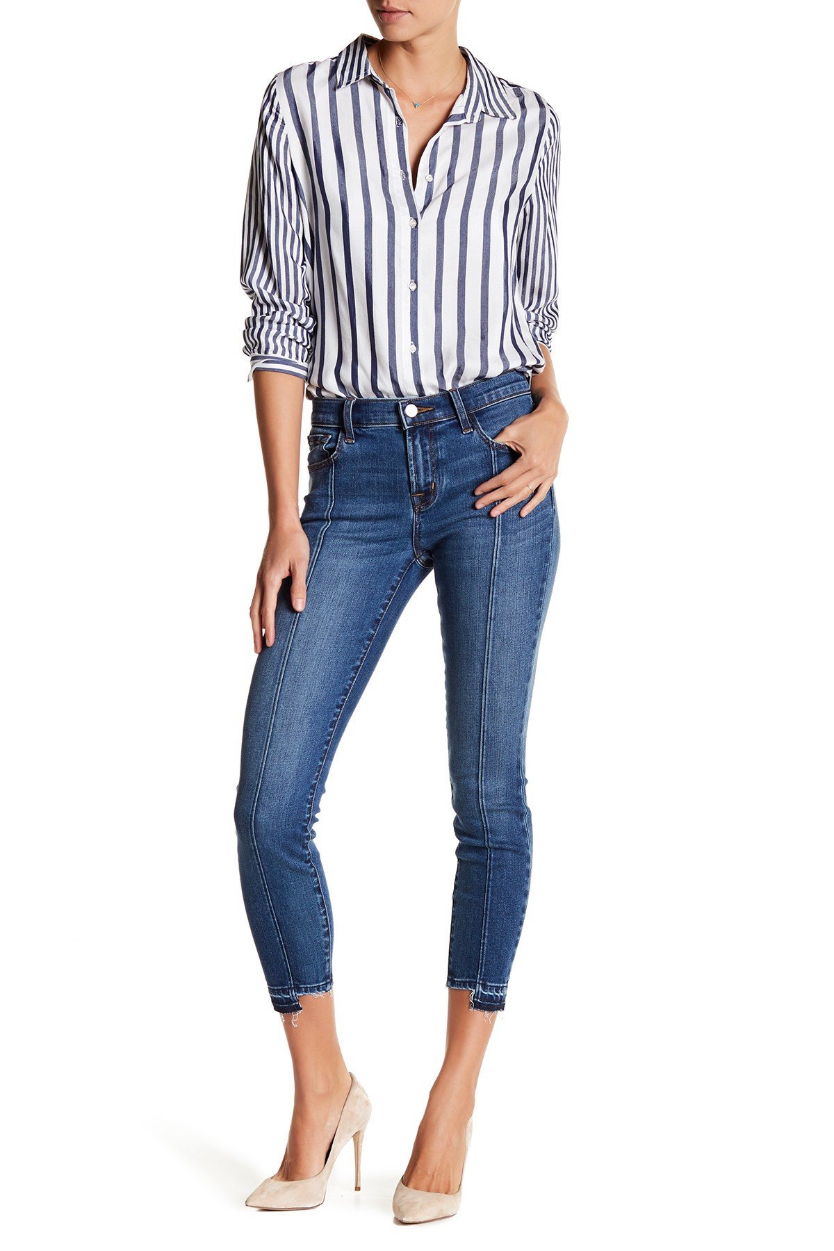 J Brand Women's Pintuck Step Hem Skinny Jeans - High Waisted Stretch Denim Pants in Repose Blue, Size 24 | Perfect for Casual Outfits, Date Nights & Office Wear