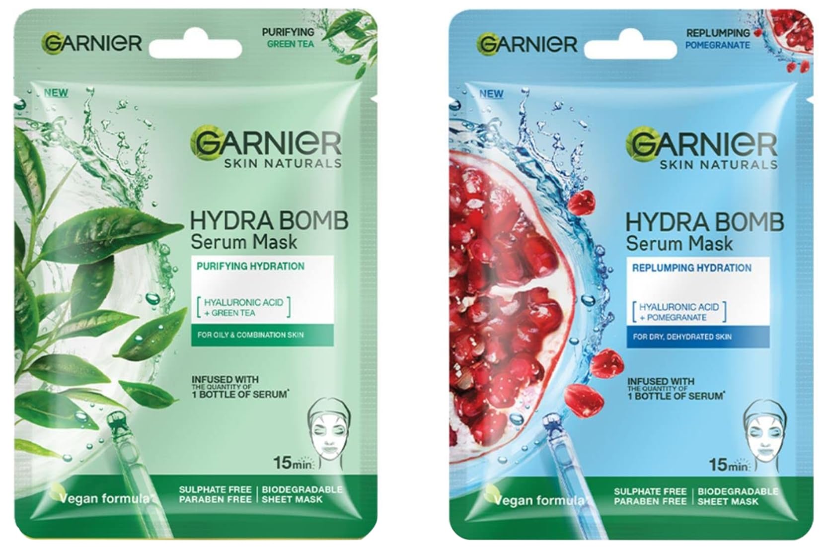 Garnier Skin Naturals Green Tea & Hydra Bomb Face Serum Sheet Mask Set - 32g Each (Green Tea & Hyaluronic Acid) for Hydration & Brightening | At-Home Spa & Self-Care Skincare Routine