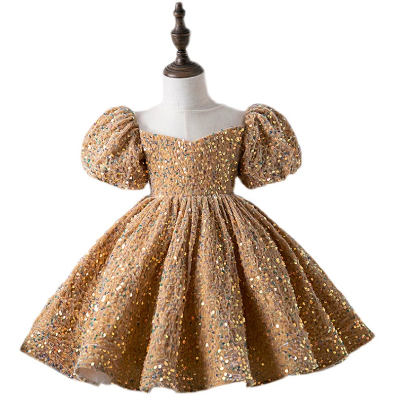 Gold Princess Round Tea Length Sequined Flower Girl Dress for Weddings, Pageants & Special Occasions