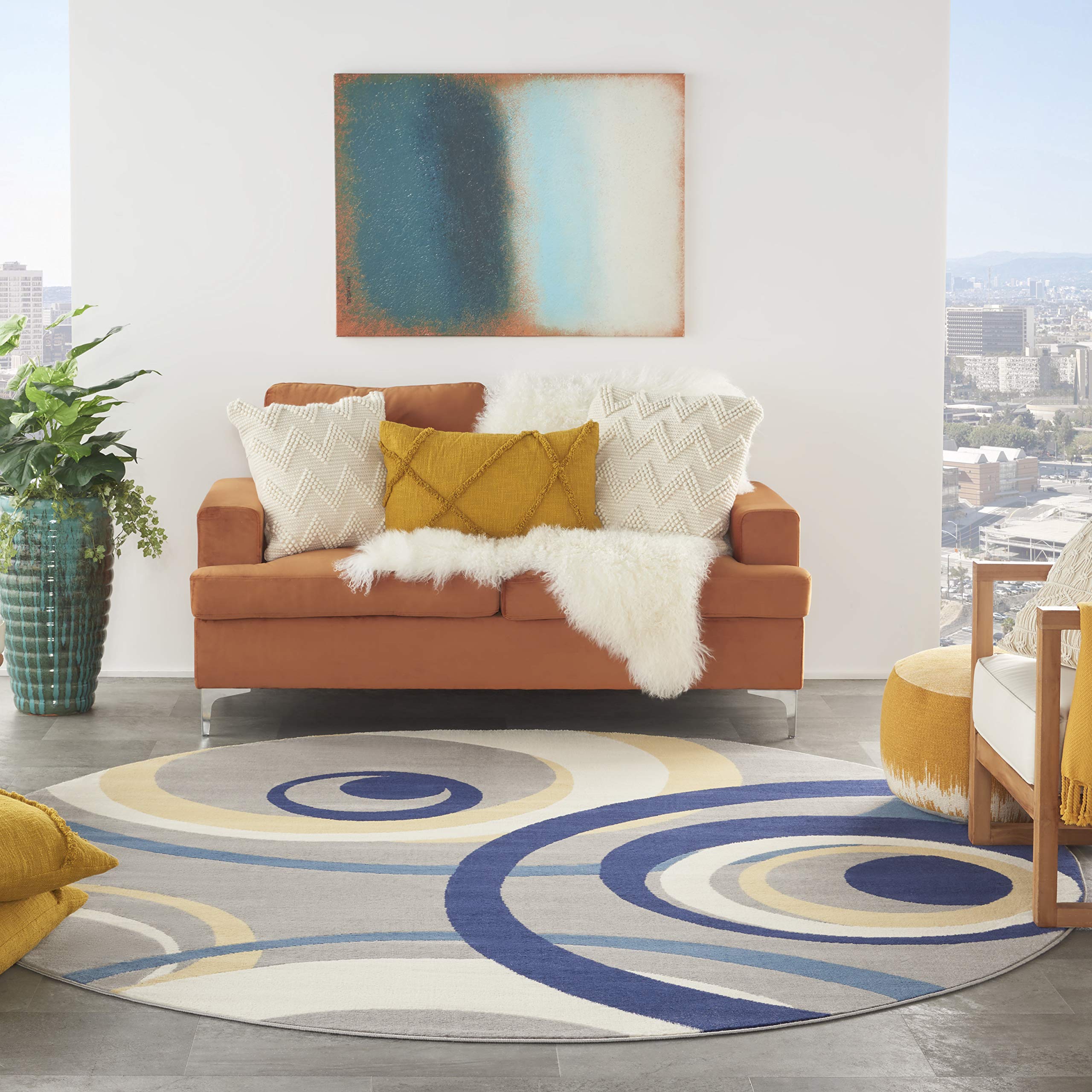 Nourison Grafix Geometric Grey 8' Round Area Rug - Non-Shedding, Easy to Clean - Perfect for Bedroom, Living Room, Dining Room & Kitchen Decor - Modern Home Floor Covering for Cozy Spaces