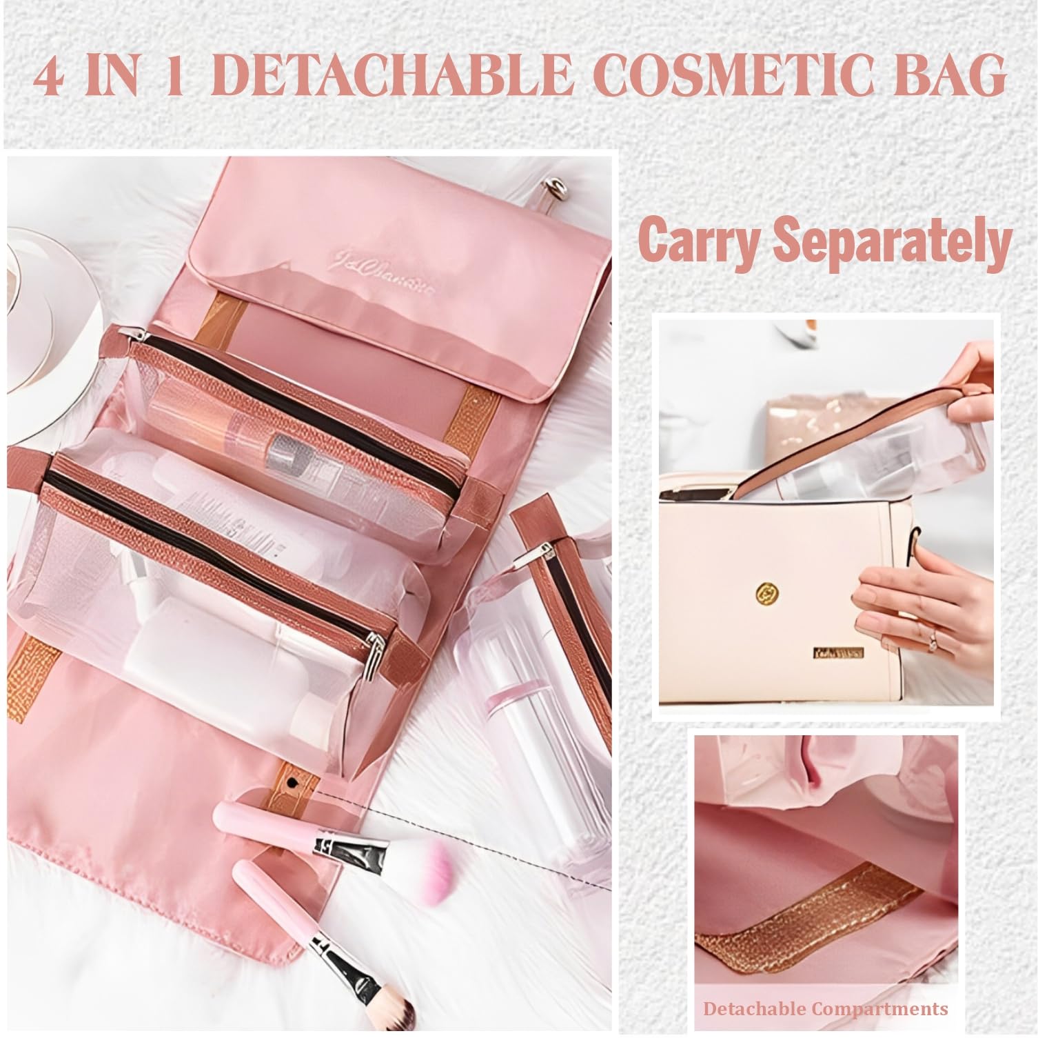 Large Capacity 4-in-1 Cosmetic Mesh Bag | Makeup Organizer & Toiletry Pouch for Women & Men | Portable Travel Makeup Bag | Waterproof Cosmetic Storage (Pink) - Perfect for Travel, Gym, Daily Use & Makeup Essentials Organization