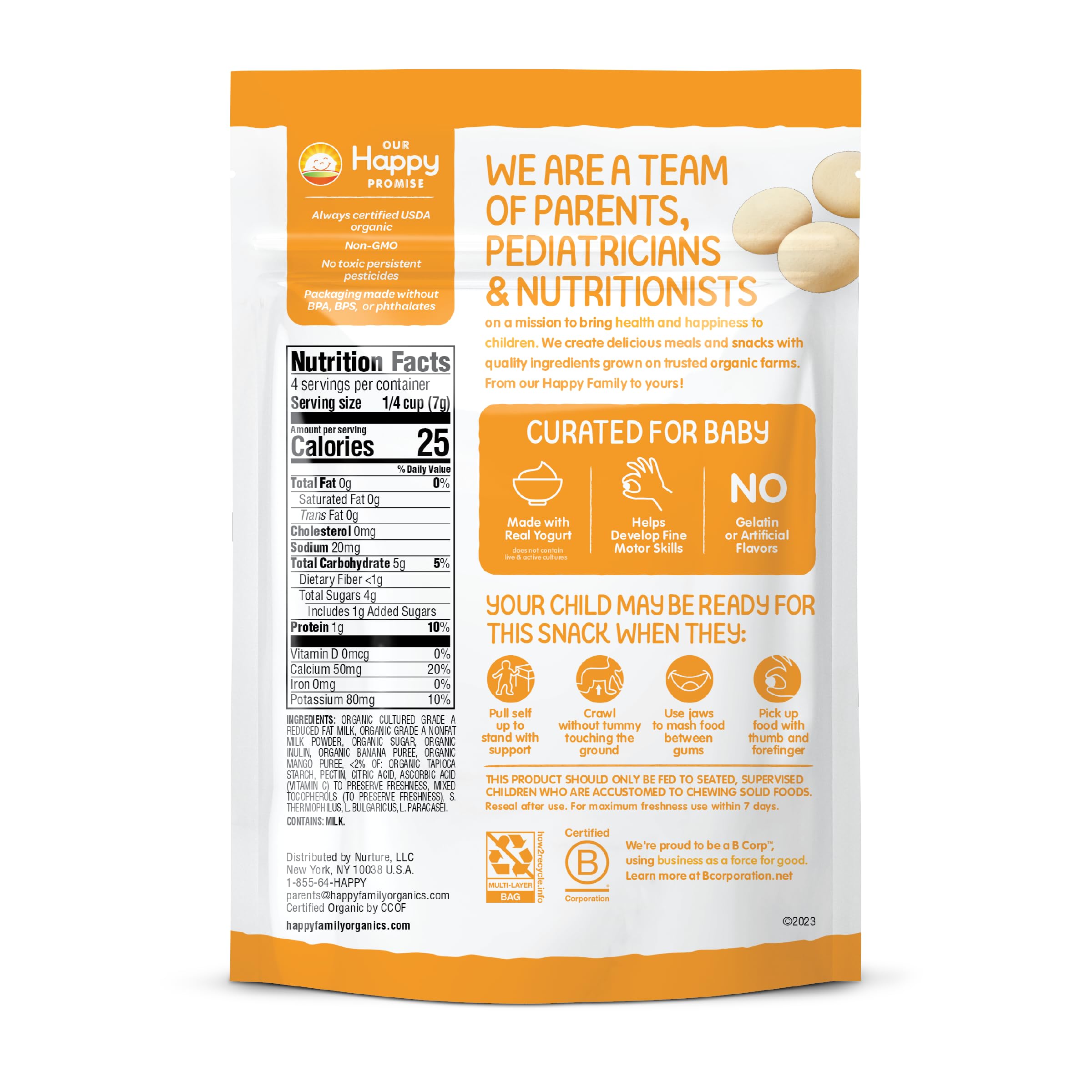 Happy Baby Organics Freeze-Dried Yogurt & Fruit Snacks - Banana Mango Flavor, 1oz Bags (Pack of 8) | Healthy Toddler Snacks for Daycare, Travel & On-the-Go | USDA Organic, No Artificial Flavors