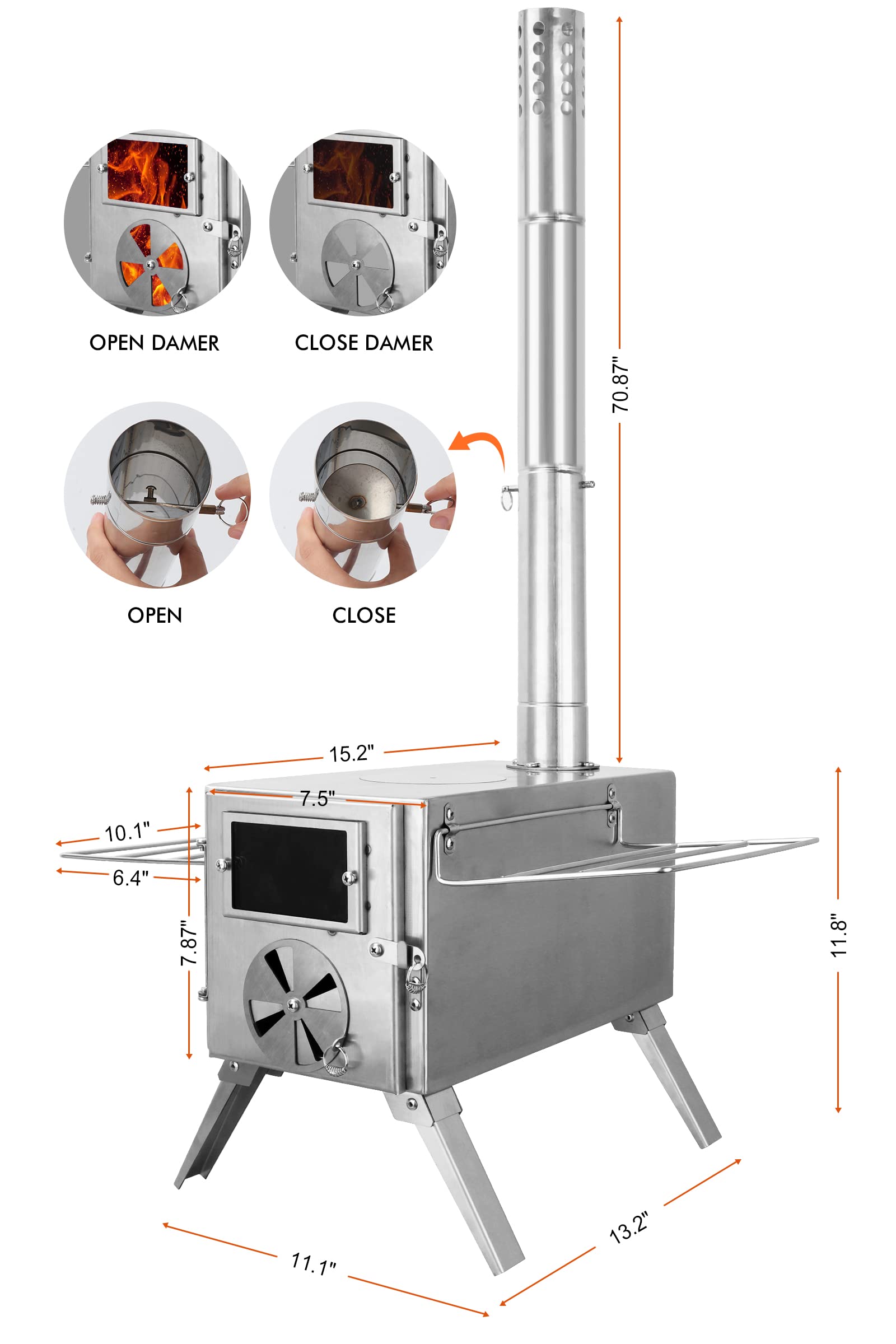304 Stainless Steel Wood Burning Tent Stove with 7-Piece Chimney Pipe - Portable Camping Stove for Ice Fishing, Hunting, Hiking | Perfect for Winter Camping, Backpacking & Outdoor Adventures (Silver)
