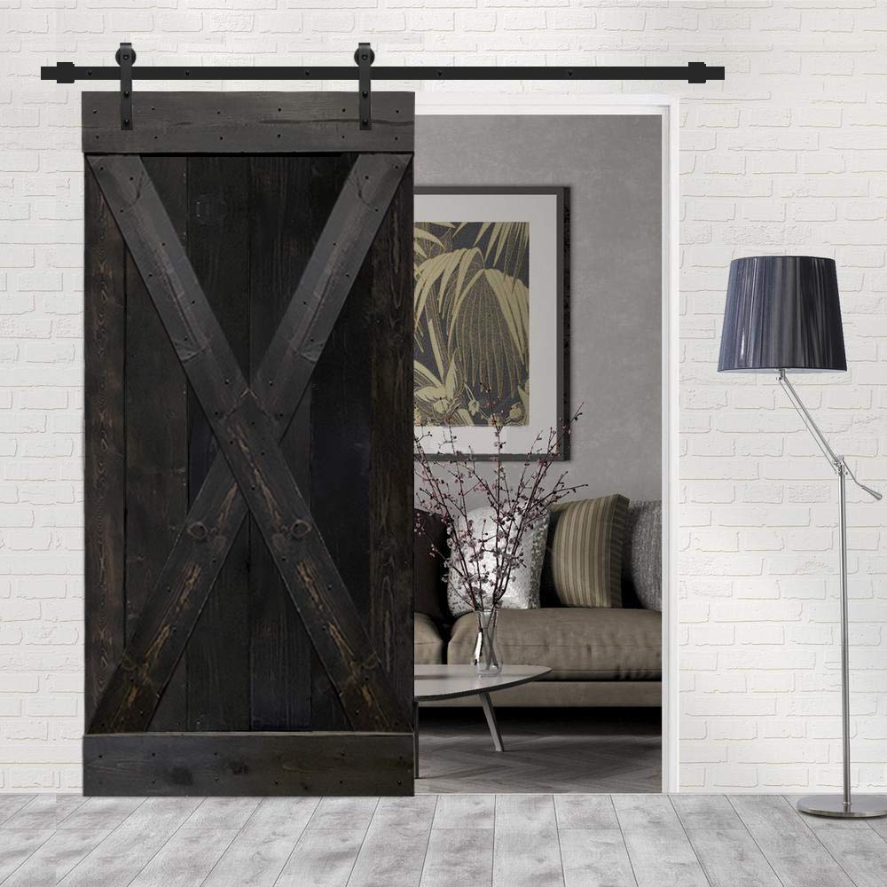 TMS X Series Stained Solid Knotty Pine Wood Interior Sliding Barn Door with Hardware Kit - Charcoal Black | Rustic Farmhouse Style for Bedroom, Closet & Home Office