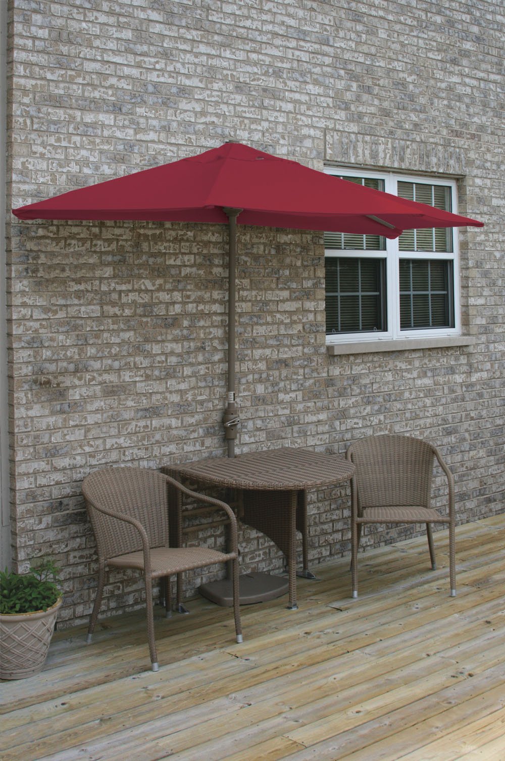 All-Weather Wicker Coffee Table Set with 9' Wide Off-the-Wall Umbrella - Red Olefin Canopy for Patio, Garden, and Outdoor Relaxation