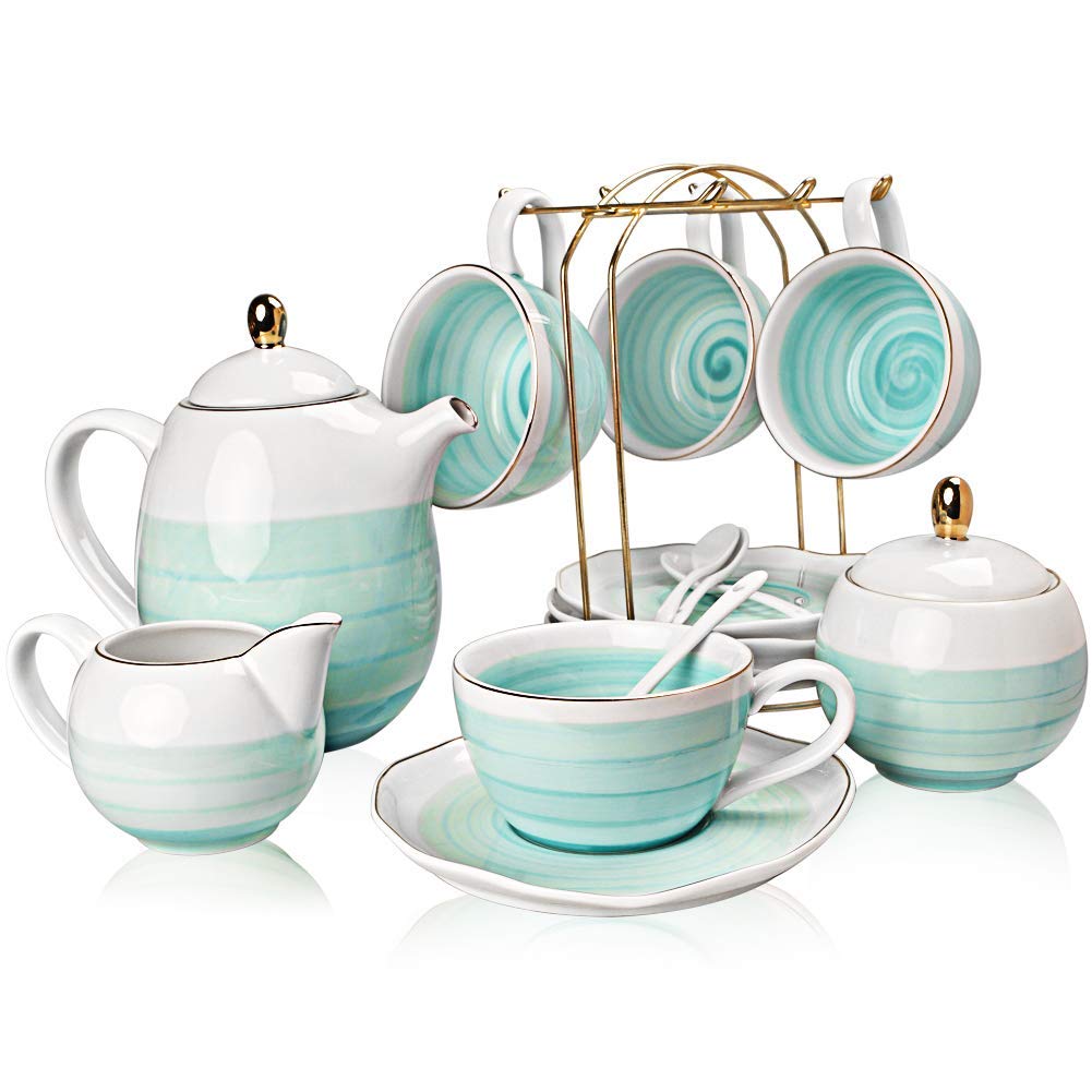 SWEEJAR Elegant Porcelain Tea Set with Hand-Painted Floral Design & 3-Tier Ceramic Cake Stand - Perfect for Afternoon Tea, Bridal Showers, and Elegant Home Decor
