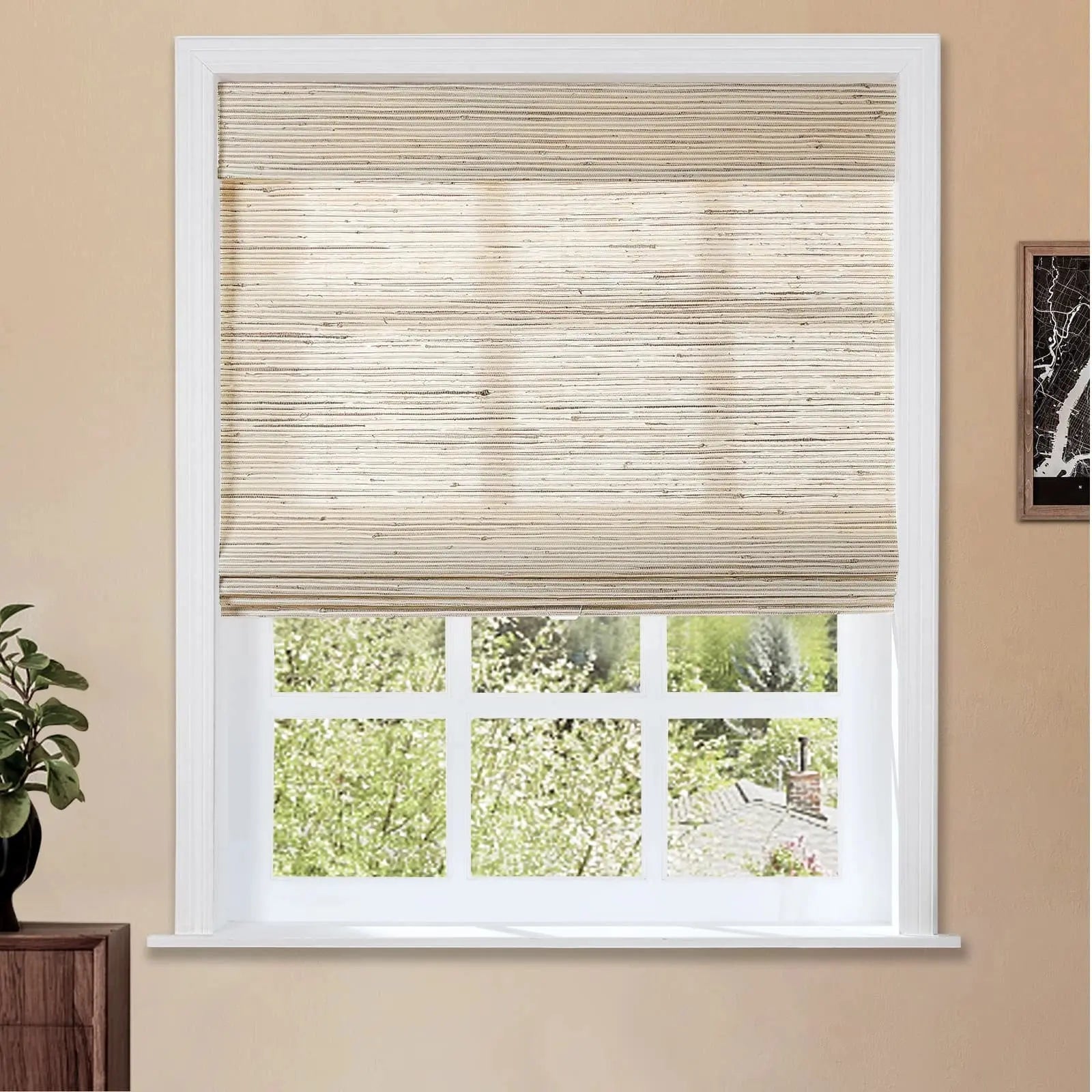 Natural Ramie Bamboo Woven Window Shade - Light Beige Brown | Eco-Friendly Room Darkening Blinds for Living Room & Bedroom