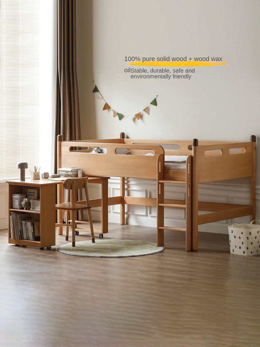 Solid Oak Wood Mid-High Bed with Slanted Ladder - Sturdy Adult Loft Bed for Small Spaces, Dorm Rooms & Modern Apartments