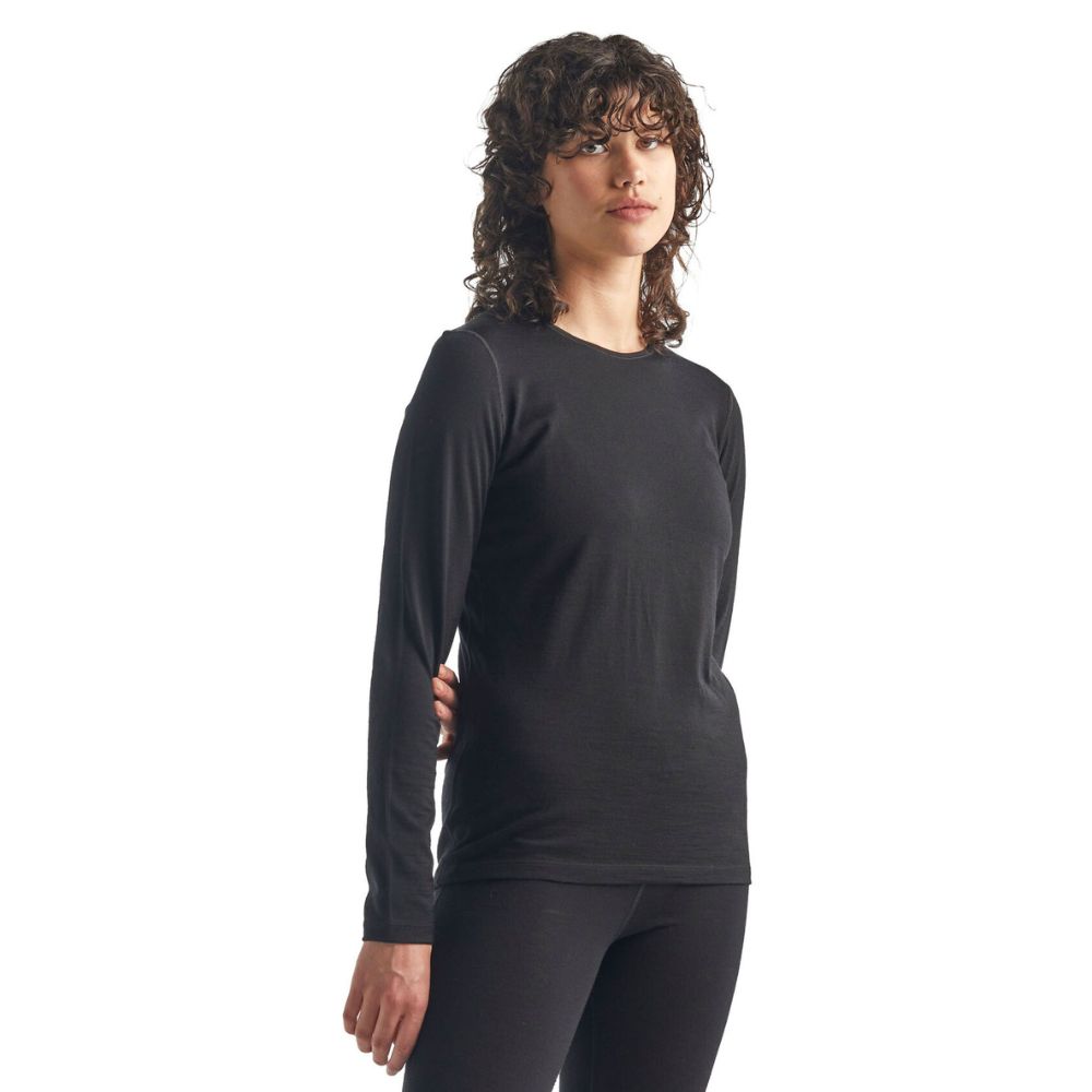 Icebreaker Women's 200 Oasis Long Sleeve Crewe Thermal Top - Black | Merino Wool Base Layer for Hiking, Skiing & Cold Weather Activities