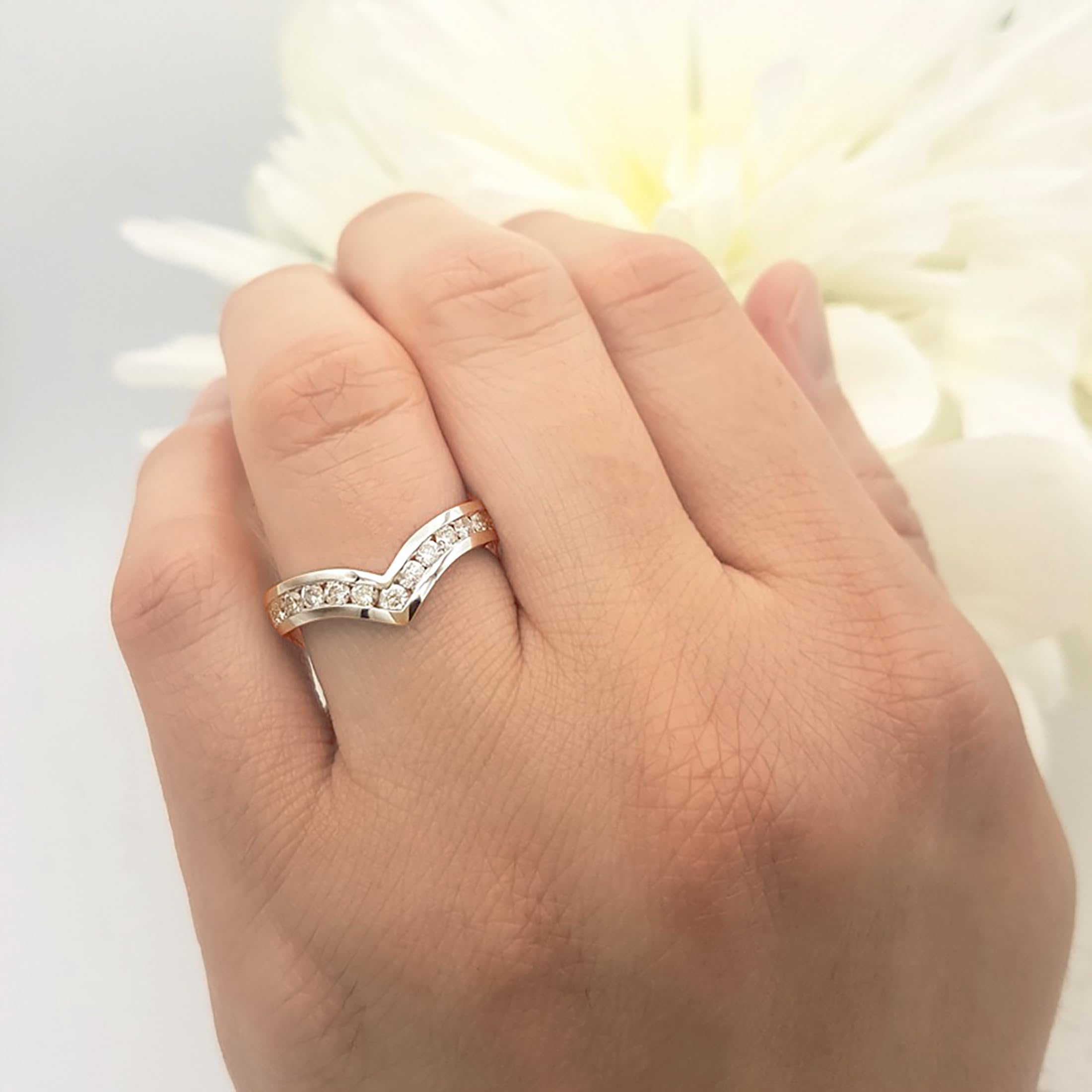 14K Gold Diamond Chevron Band for Her - Anniversary & Stackable Ring