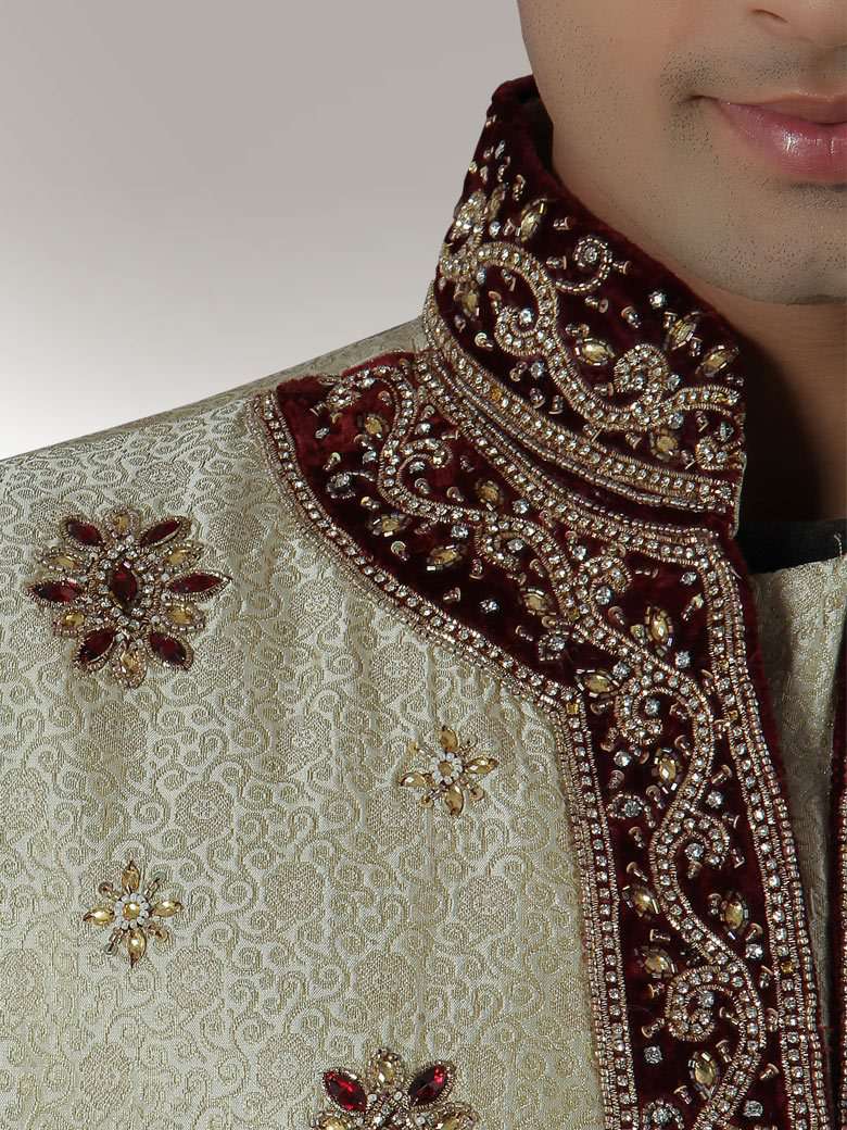 Luxury Designer Cream Brocade Sherwani for Men | Elegant Indian Wedding Attire | Perfect for Grooms, Festivals & Special Occasions