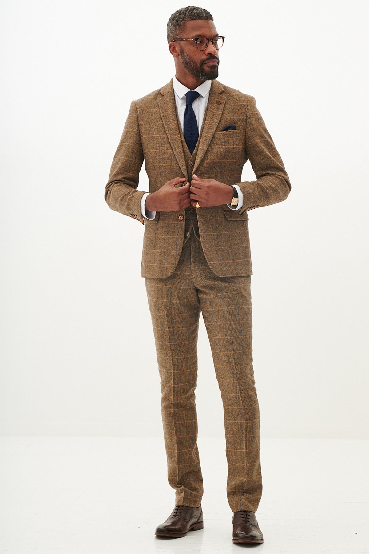 Stylish TED Tan Tweed Check Three-Piece Suit for Men - Perfect for Weddings, Business Meetings & Formal Events