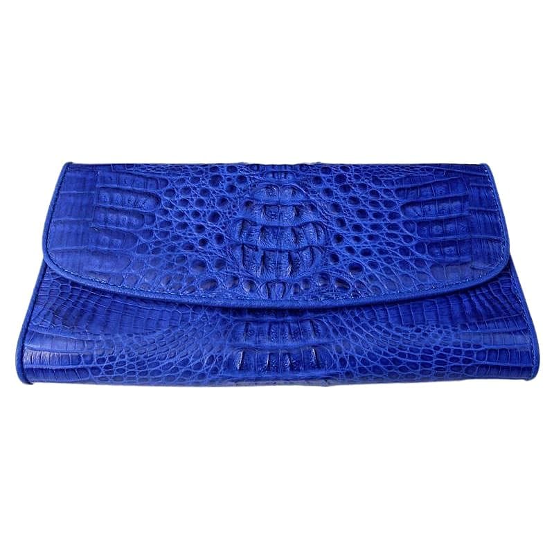 Blue Genuine Crocodile Leather Tri-Fold Women's Wallet - Stylish & Durable RFID Blocking Purse for Everyday Use, Travel & Gift Giving