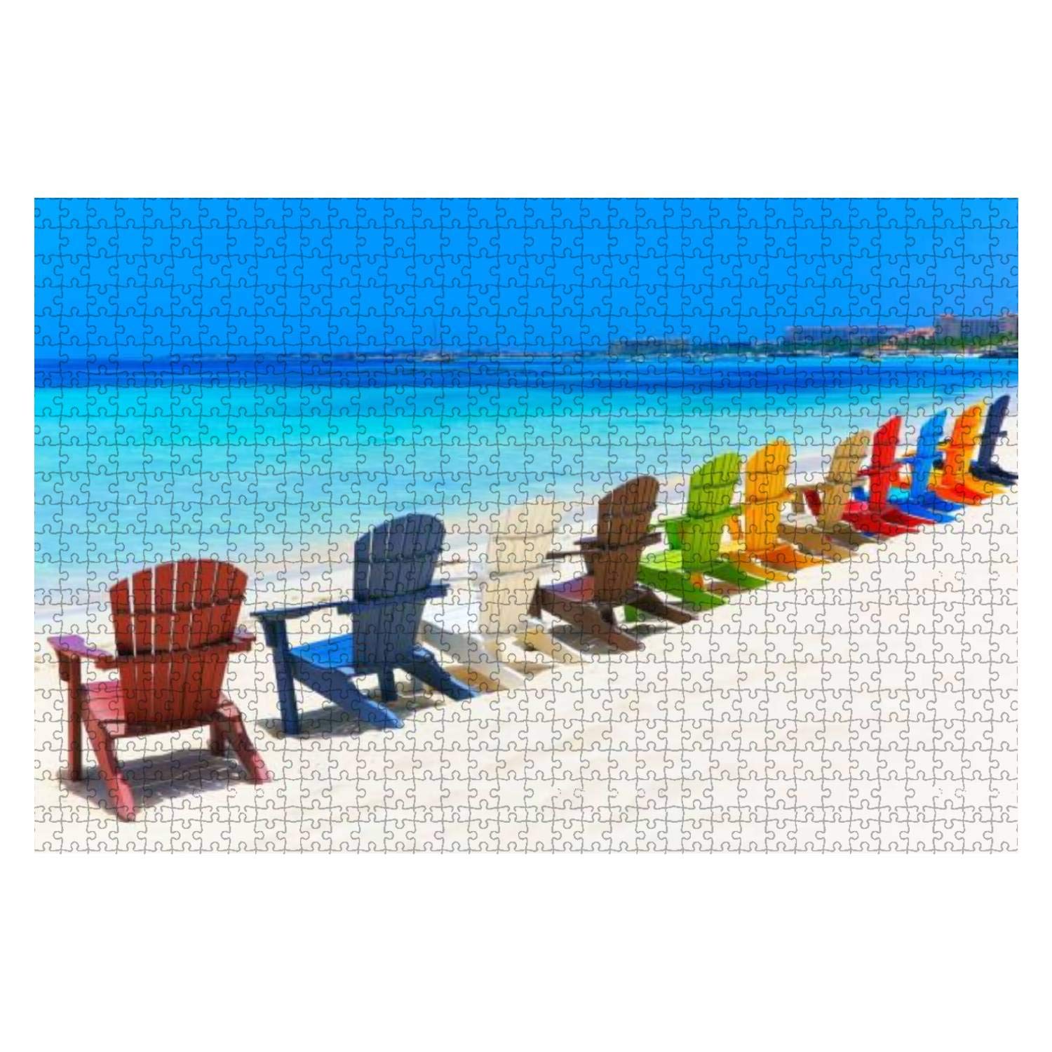 500-Piece Beach Sunset with Colorful Adirondack Chairs Jigsaw Puzzle - Large Wooden Puzzle for Adults & Kids, Educational Toy, Creative Game, Home Decor - Perfect for Family Game Night, Stress Relief & Coastal-Themed Room Decor