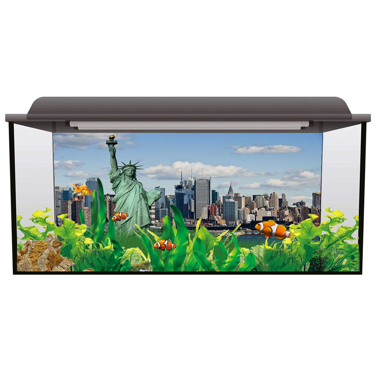 T&H XHome Aquarium Decor - Statue of Liberty Fish Tank Background Sticker | PVC Adhesive Poster 36.4x16.4 Inch | Perfect for Home & Office Aquarium Decoration