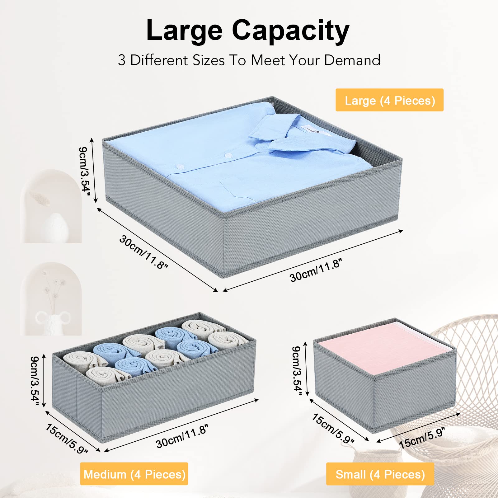 12 Pack Foldable Fabric Drawer Organizers - Storage Box & Dividers for Bras, Socks, Underwear, Ties, Scarves, Cosmetics | Closet & Wardrobe Organization Solution for Bedroom, Bathroom & Travel
