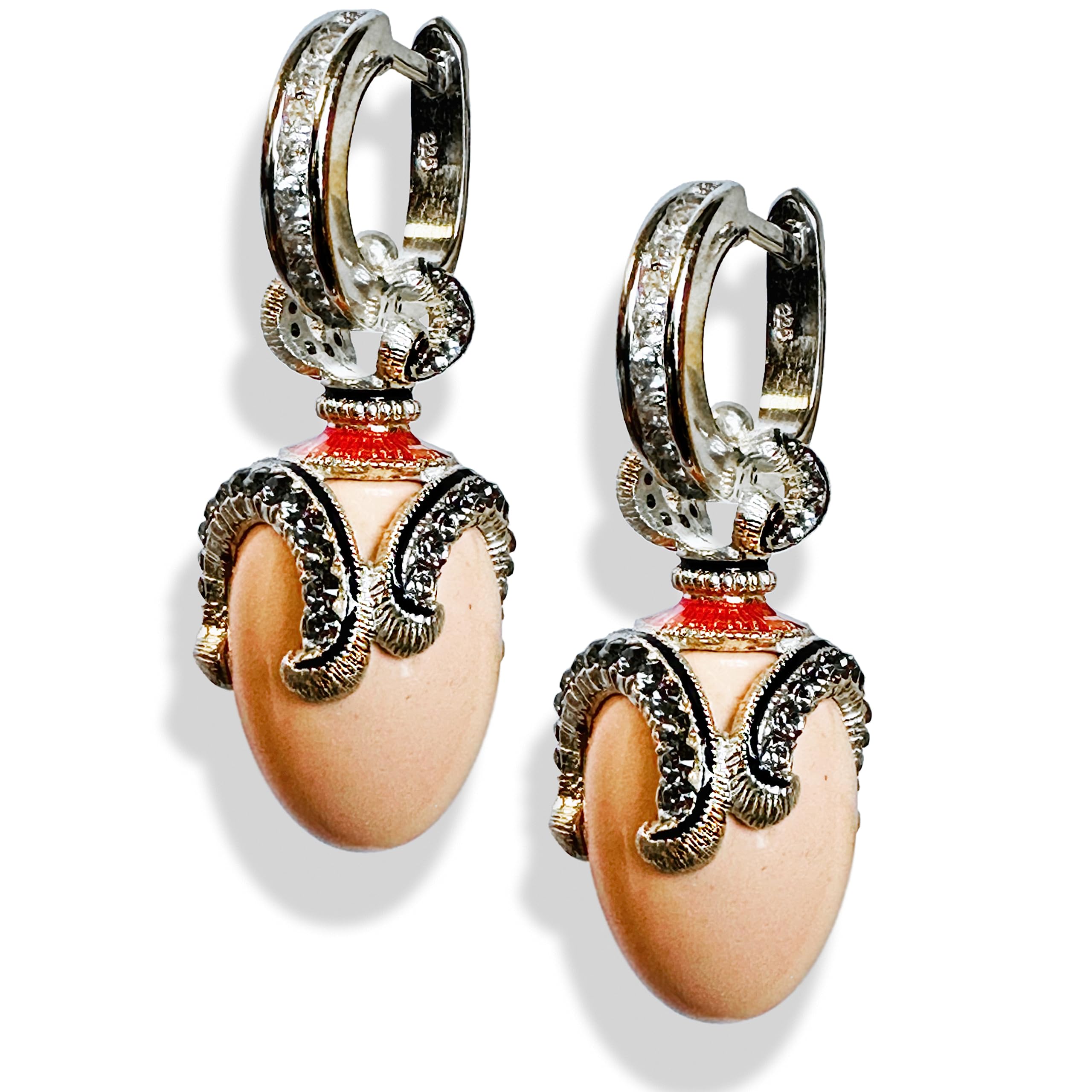 925 Sterling Silver Pink Coral Egg Earrings with Cubic Zirconia | Elegant Guilloché Enamel Hoop Earrings for Women | Perfect for Weddings, Parties & Everyday Wear