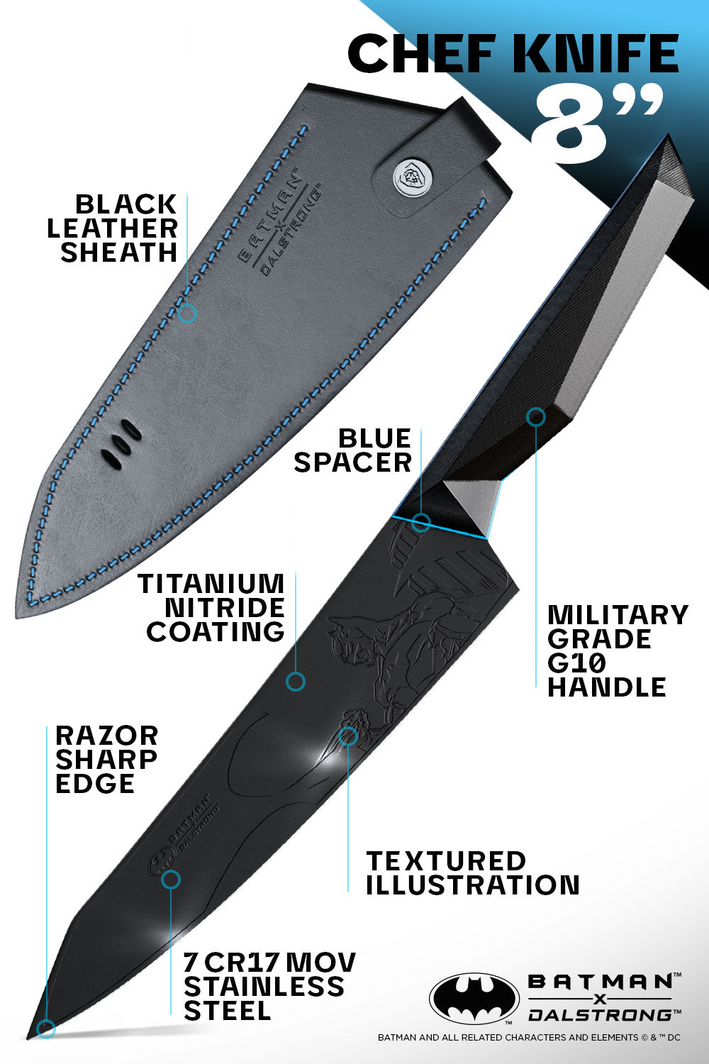 Dalstrong Batman Shadow Black Edition 8-Inch Chef's Knife - High Carbon German Steel Kitchen Knife for Professional Chefs & Home Cooking - Perfect for Slicing, Dicing & Chopping Vegetables, Meat & Herbs