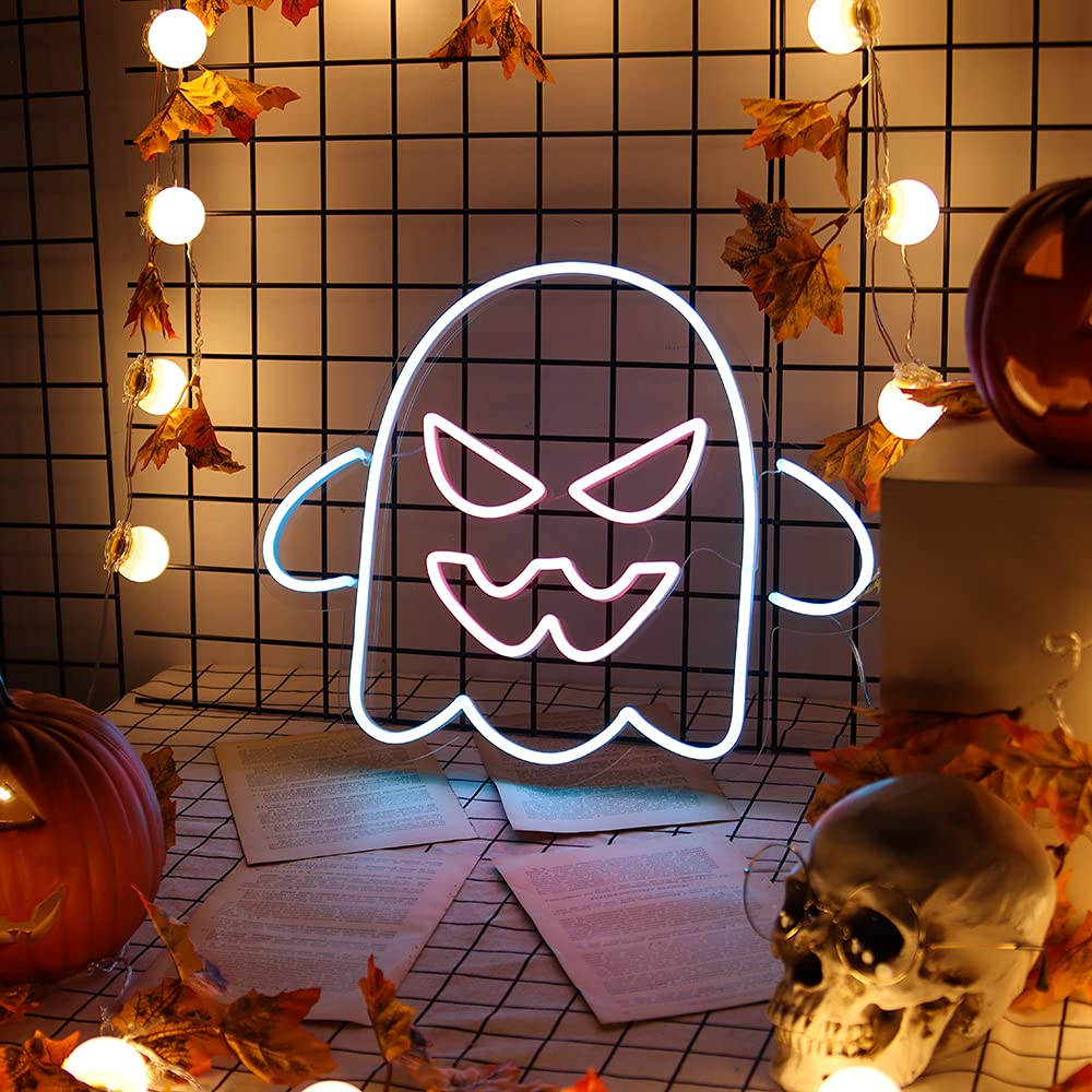 FIREOCITY Ghost Neon Sign - 16×20 Inch Halloween LED Neon Light with Remote Control for Party Decor, Room Wall Art, Bar & Home Decor | Spooky Glow for Halloween Parties, Haunted Houses & Themed Events