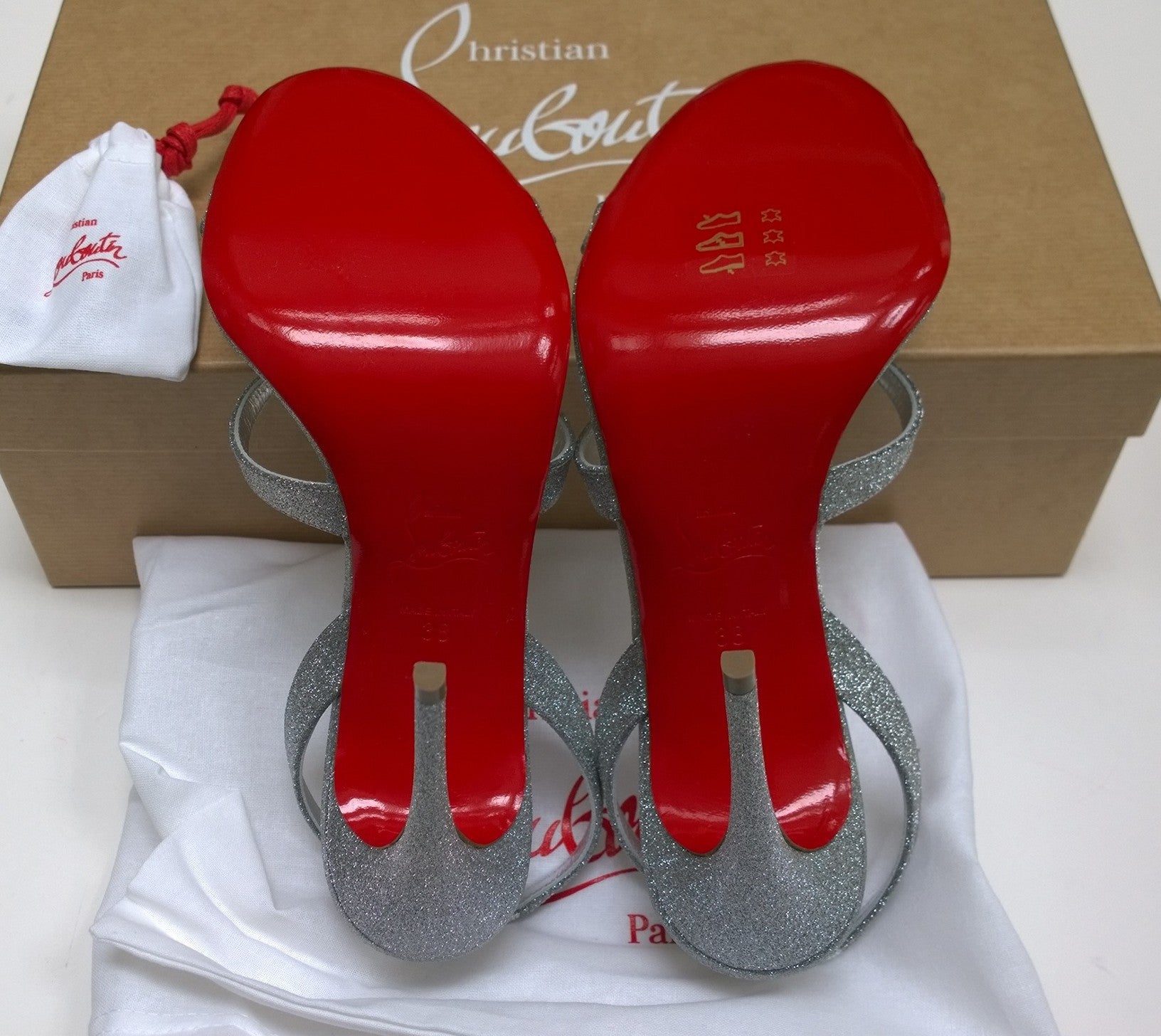 Christian Louboutin Emilie 100 Silver Glitter Sandals - Women's Slingback High Heels for Parties & Special Occasions