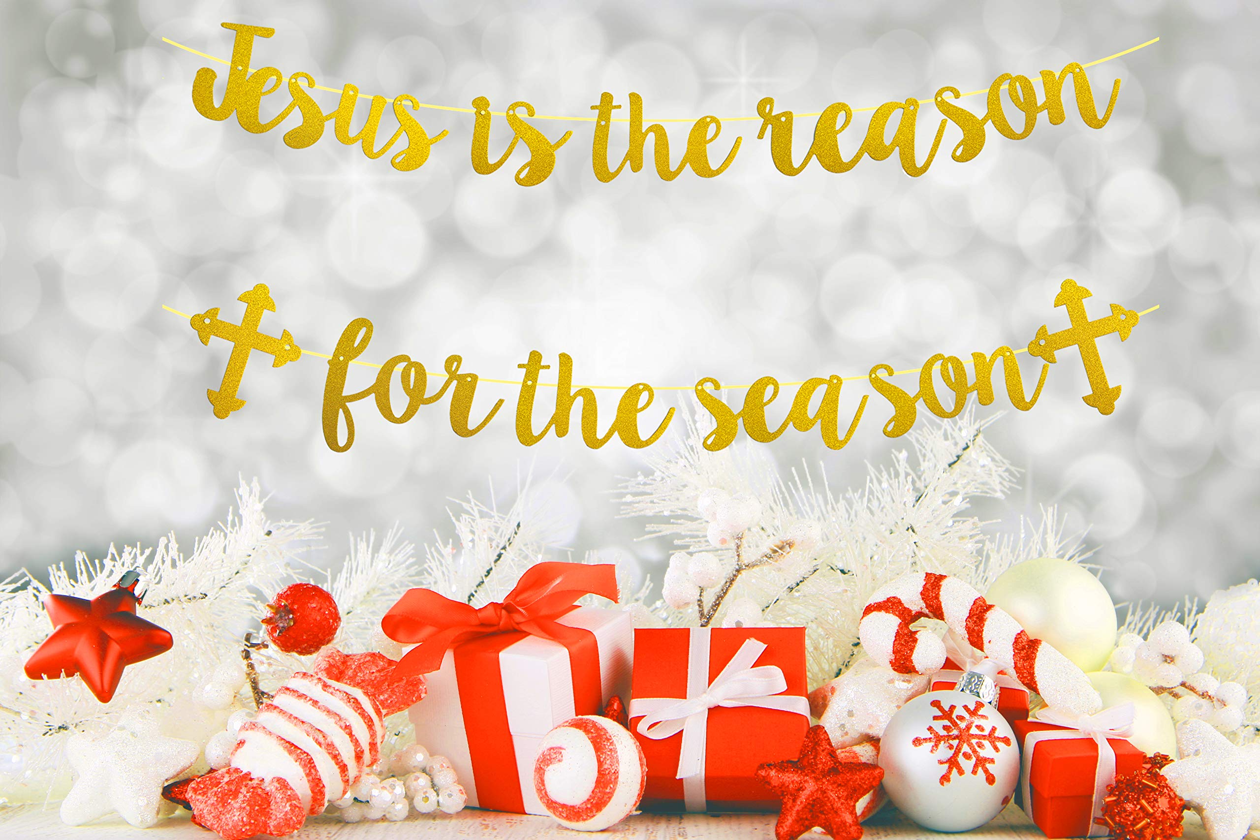Jesus is the Reason for the Season Banner - Gold Glitter Christmas Holiday Banner - Funny Xmas Decorations for Home & Church - Perfect for Christmas Vacation & Holiday Party Decor